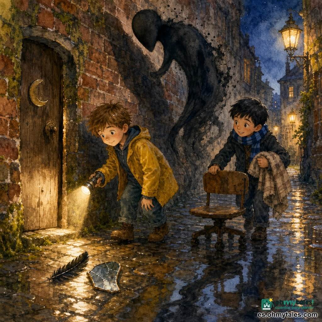 Hay tres personajes: Teo, niño de 7 años con pelo castaño despeinado y chaqueta amarilla algo grande, sostiene una pequeña linterna metálica que proyecta un círculo de luz cálida y está a la izquierda mirando la muralla; Bruno, niño de 7 años con pelo negro corto y bufanda azul a rayas, empuja una pequeña silla con ruedas como si fuera un barco, está a la derecha con una mano en la silla y la otra agarrando su manta; y La Sombra, criatura no humana de silueta larga y fluida bordeada de tinta negra y humo gris, con una “cabeza” sin rostro inclinada hacia los niños que se desliza por el muro detrás de ellos y es más grande que ellos. El lugar es un callejón empedrado y estrecho de noche, adoquines brillantes por la lluvia, faroles amarillos que difunden halos, muros de ladrillo rojo cubiertos de musgo, una vieja puerta de madera con un medallón en forma de luna y charcos reflectantes. Situación: los dos niños encuentran en el suelo una pluma negra brillante, un pequeño fragmento de espejo agrietado y la aldaba lunar de una puerta entreabierta; la linterna de Teo tiembla y proyecta la larga sombra que parece observarlos y moverse lentamente por el muro.