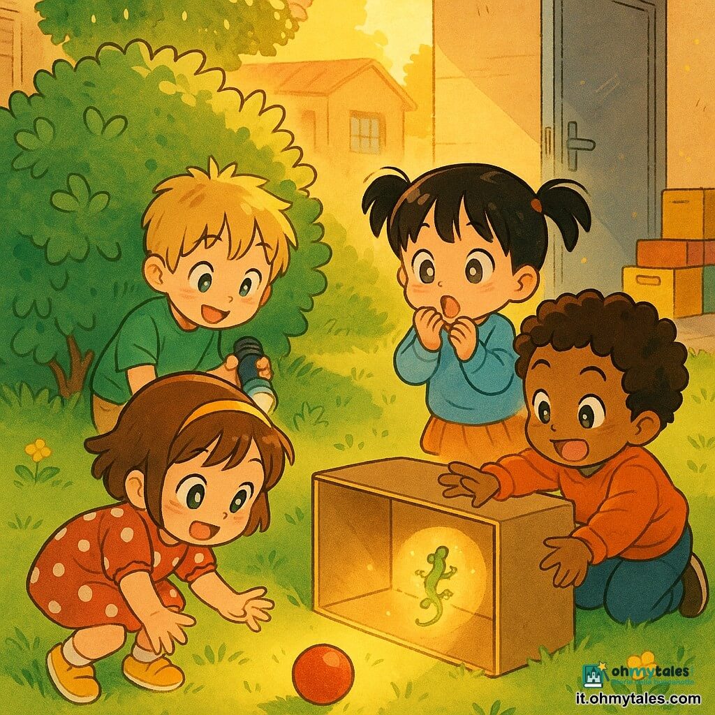 Quattro bambini di 3 anni: Lea, bionda? no—bruna con piccolo cerchietto giallo, vestito rosso a pois bianchi, accovacciata in primo piano a sinistra pronta a prendere la palla; Tom, biondo spettinato, maglietta verde e pantaloncini beige, mezzo nascosto dietro un cespuglio con una torcia in mano e sguardo curioso; Nina, capelli neri a due codine, maglione azzurro, sulla destra in punta di piedi con le mani alle labbra sorpresa; Gio, pelle abbronzata, capelli castani ricci, felpa arancione, dietro una scatola di cartone pronto a raggiungere la palla; luogo: angolo di cortile scolastico al tardo pomeriggio con erba verde e fiori gialli, grande cespuglio a foglie tonde e una porta grigia di deposito socchiusa con alcune scatole colorate vicino, luce dorata del tramonto; situazione: una piccola palla rossa rotola verso un cerchio di luce creato da una lampada in una scatola di cartone forata che proietta un disco luminoso sull’erba, una lucertolina curiosa salta vicino alla palla, espressioni gioiose e meraviglia, atmosfera dolce e giocosa, colori vivaci e tratti in stile manga caldo.