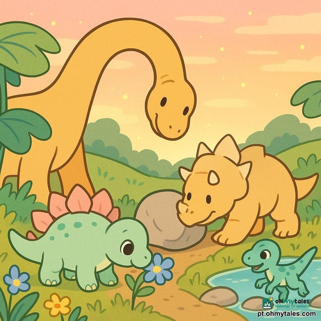 Uma fêmea estegossauro chamada Lila, pequena e arredondada, pele verde-menta pálida, placas dorsais rosa, olhos grandes, toca uma grande flor azul com o focinho; um braquiossauro amigo, muito alto, pescoço bege-dourado, inclina a cabeça sobre Lila para cumprimentar; um triceratops robusto cor de areia empurra uma pedra grande ao lado do caminho; um pequeno velociraptor com manchas turquesa salta sobre pedras junto a uma lagoa espelhada, pronto para ajudar; o vale é iluminado, com grandes folhas verdes como guarda-sóis, flores azuis, amarelas e roxas, céu em faixas rosa e laranja de pôr do sol e vaga-lumes amarelos; situação principal: os dinossauros amigos removem juntos uma grande pedra que bloqueia o caminho perto da lagoa, gestos cooperativos e rostos sorridentes, atmosfera suave e segura.