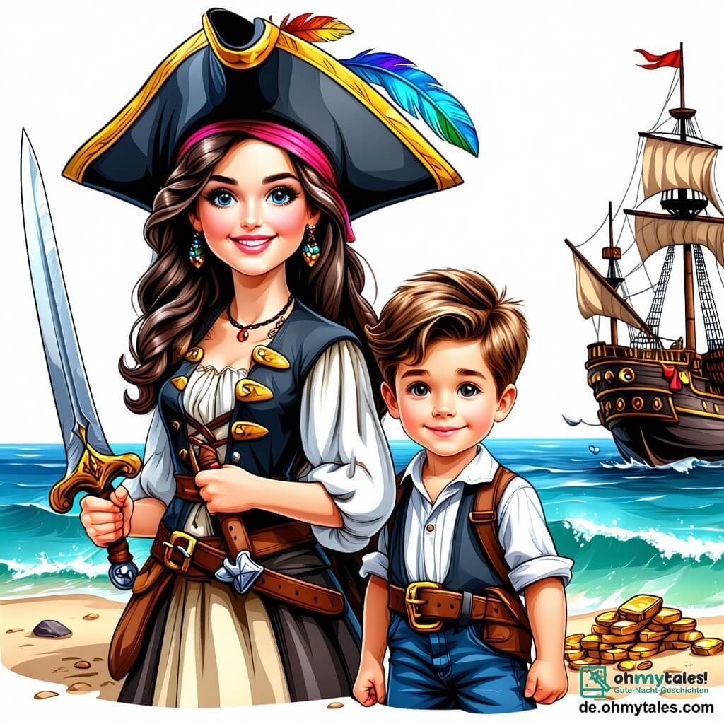 Die Szene zeigt Lila, eine etwa 25-jährige Piratin mit langen, gewellten Haaren, die einen mit einer bunten Feder geschmückten Piratenhut trägt. Sie hat ein entschlossenes Lächeln im Gesicht, hält in einer Hand eine Schatzkarte und in der anderen ein glänzendes Schwert, bereit für das Abenteuer. An ihrer Seite steht Tim, ein 10-jähriger Junge mit zerzausten blonden Haaren und einem gestreiften T-Shirt, der Lila bewundernd ansieht und eine Kompass in den Händen hält. Mia, ein 12-jähriges Mädchen mit braunen, geflochtenen Haaren, steht etwas im Hintergrund und beobachtet mit einem Fernglas den Horizont, mit einem konzentrierten Ausdruck. Der Hintergrund zeigt eine üppige tropische Insel mit sanft im Wind wiegenden Palmen, steilen Felsen und einem schimmernden türkisfarbenen Meer unter der Sonne. Sanfte Wellen brechen am Ufer, und ein blauer Himmel mit weißen Wolken trägt zur fröhlichen Stimmung bei. Die Hauptsituation der Geschichte zeigt Lila, Tim und Mia, die kurz davor stehen, nach einem versteckten Schatz zu suchen, mit einem spürbaren Gefühl von Aufregung und Abenteuer in der Luft, während sie am Strand stehen, bereit, auf ihrem Schiff "Sternenwind" zu segeln.