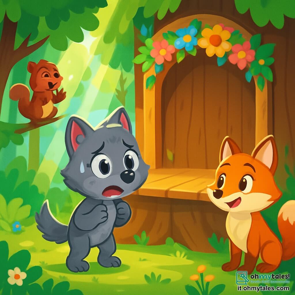 Un piccolo lupo dal pelo grigio, con occhi brillanti e curiosi, si trova al centro di una scena nella foresta, le zampe tremanti rivelano la sua esitazione. Guarda un grande albero, dove c'è una scena in legno decorata con fiori colorati, il suo viso esprime paura ed eccitazione. Alla sua destra, una volpe rossa con un sorriso incoraggiante e una coda folta lo osserva con occhi brillanti di incoraggiamento, mentre a sinistra un piccolo scoiattolo marrone, con le guance piene di nocciole, applaude entusiasta, la sua piccola figura salta su un ramo. La foresta è piena di luce, con raggi di sole che filtrano tra le foglie verdi, creando un'atmosfera gioiosa e accogliente. Leo, il piccolo lupo, esita a salire sul palco per condividere la sua storia, circondato dai suoi amici che lo incoraggiano a credere in sé stesso.