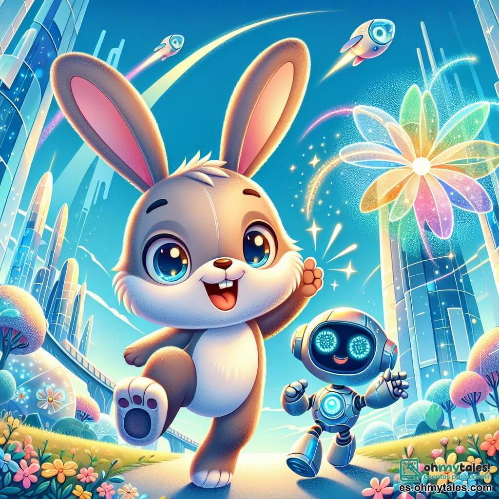 Un pequeño conejito llamado Rabo, con un pelaje suave y sedoso de color marrón claro, grandes orejas expresivas y ojos brillantes de curiosidad, salta alegremente en una ciudad futurista. Muestra una amplia sonrisa, maravillado por las maravillas que lo rodean. A su lado, un robot amigable llamado Zippy, con forma redonda y ojos luminosos, le está mostrando un gadget brillante. Zippy tiene una expresión alegre y entusiasta, sus brazos articulados se agitan con emoción. El escenario es una ciudad futurista, donde edificios de vidrio reluciente se elevan como montañas y vehículos voladores surcan el cielo azul. Árboles con hojas luminosas bordean las calles, y flores coloridas cantan suavemente en el parque. La situación principal muestra a Rabo y Zippy trabajando juntos para hacer flotar un gran globo colorido, lleno de energía, que se eleva en el cielo, iluminando la escena con una luz mágica y vibrante.