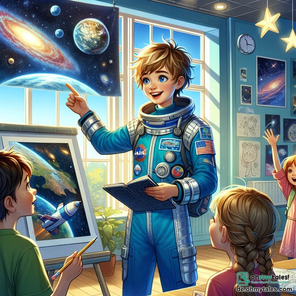 Marlene, eine etwa 12-jährige Astronautin, steht im Mittelpunkt des Bildes, trägt eine elegante, bunte blaue Uniform mit silbernen Details und zeigt große Freude und Begeisterung, während sie lächelt und strahlende Augen hat, während sie einer Gruppe von Kindern Bilder des Weltraums präsentiert. Lukas, ein 11-jähriger Junge mit zerzausten braunen Haaren und einem grünen T-Shirt, steht rechts von ihr, mit weit aufgerissenen Augen der Bewunderung, einen Bleistift und ein Skizzenbuch haltend. Links von ihr hebt Anna, ein 10-jähriges Mädchen mit geflochtenen blonden Haaren und einem rosa Kleid, die Hand, um eine Frage zu stellen, ihr Gesicht strahlt Neugier aus. Die Szene spielt in einem hellen Klassenzimmer, dekoriert mit Postern von Planeten und Sternbildern, mit großen Fenstern, die Sonnenlicht hereinlassen. Sterne und Zeichnungen von Raketen hängen an den Wänden und schaffen eine inspirierende Atmosphäre. Marlene teilt ihre Leidenschaft für den Weltraum mit den Kindern, zeigt ihnen faszinierende Bilder von Galaxien und der Erde aus dem Weltraum und ermutigt sie, groß zu träumen und an ihre Ambitionen als Astronauten zu glauben.