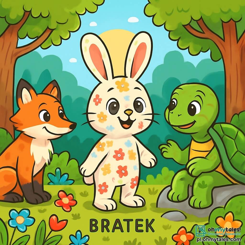 Mały króliczek o imieniu Bratek, z miękkim i kwiecistym futrem, błyszczącymi, ciekawymi oczami, stoi w centrum słonecznej polany, wyrażając radość i zachwyt. Po jego prawej stronie mądra stara żółwica z błyszczącą skorupą i pełnymi mądrości oczami delikatnie się uśmiecha, siedząc na głazie porośniętym mchem i dzieląc się swoimi radami. Po lewej stronie chytry lis o płomiennym futrze i błyszczących oczach inteligencji obserwuje scenę z figlarnym uśmiechem, gotowy do udzielenia pomocy. Polana otoczona jest majestatycznymi drzewami, których liście tańczą na wietrze, a kolorowe kwiaty pokrywają ziemię, tworząc magiczną atmosferę. Bratek uważnie słucha słów żółwia, szukając odpowiedzi na pytania o szczęście i odkrywanie samego siebie.