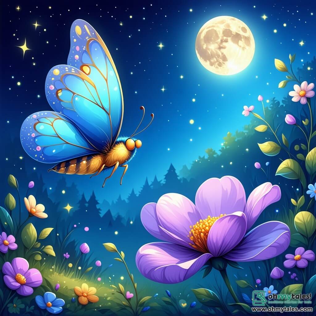 In a colorful and sunny garden, a pretty little butterfly named Bella, with bright blue wings adorned with golden spots, joyfully flies above a large purple flower. She has a radiant smile, expressing her curiosity and happiness. Next to her, a flower named Luna, with heart-shaped petals and a deep purple hue, gently opens under the moonlight, displaying a sweet and welcoming expression. Benny, a bumblebee with yellow and black stripes, buzzes around them, his tiny wings flapping quickly, showing excitement and wonder. Lila, a red ladybug with black spots, rests on a leaf, her eyes shining with joy, ready to join the adventure. The garden is filled with vibrant flowers, lush green leaves, and sun rays filtering through the branches, creating a magical and inviting atmosphere. In the center of this scene, Bella and Luna meet, symbolizing friendship and tolerance, while Benny and Lila surround them, ready to celebrate their differences and play together in this enchanting place.