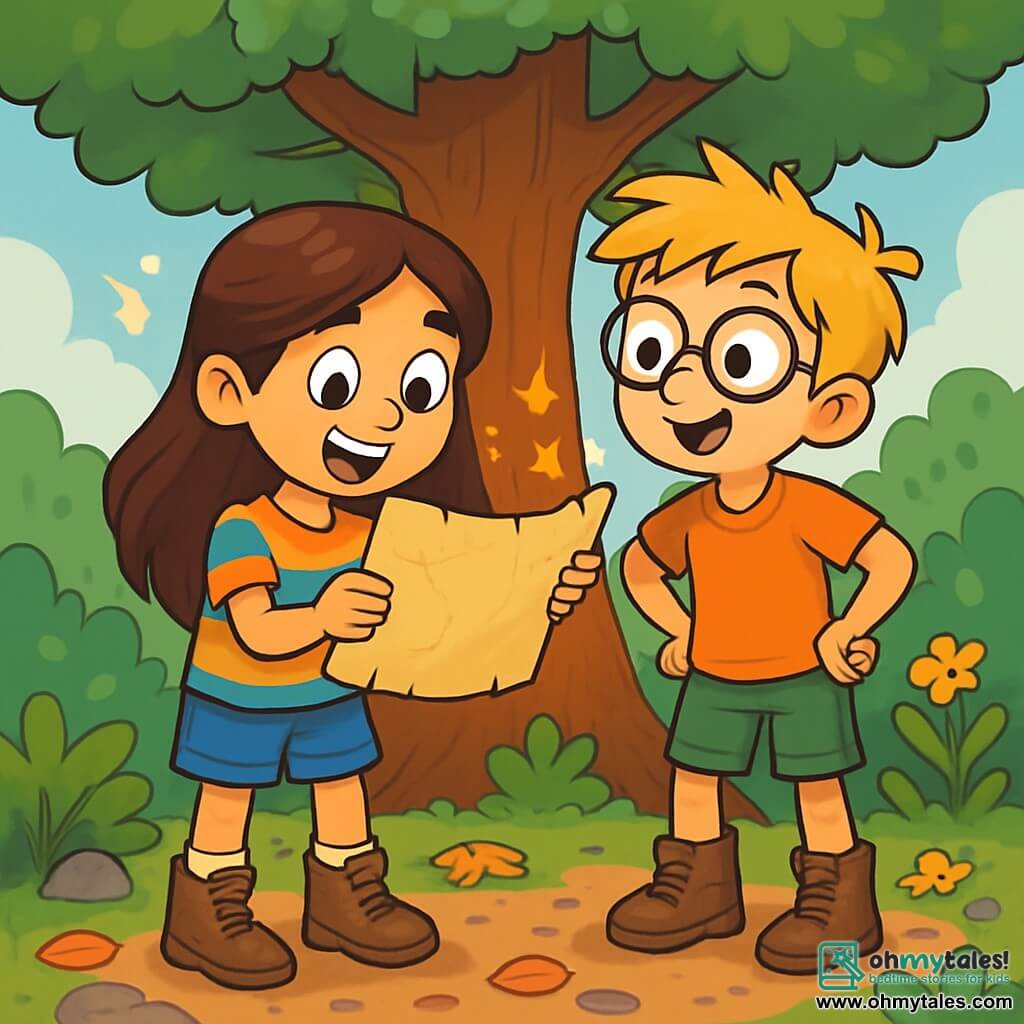 A 10-year-old girl with long brown hair and sparkling curious eyes holds an old parchment in her hands, her face lit up by an excited smile. She wears a colorful t-shirt and denim shorts, with muddy hiking boots. Next to her, a 10-year-old boy with messy blond hair and glasses gazes at the map with a look of wonder, hands on his hips, ready for adventure. They are at the base of a majestic oak tree with wide branches, surrounded by lush bushes and wildflowers. The ground is covered in fallen leaves and small stones, creating a mysterious atmosphere. The main scene shows the two friends, focused and enthusiastic, discovering an ancient hidden treasure, with glimmers of light sparkling around them, highlighting the excitement of their quest.