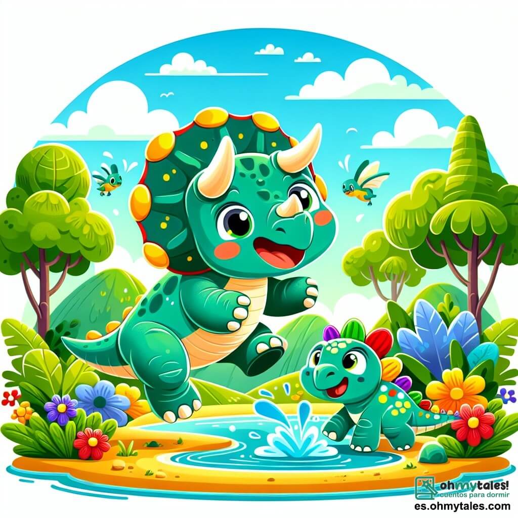Un triceratops llamado Tito, con una piel verde brillante, tres grandes cuernos y una robusta cresta, sonríe alegremente mientras juega cerca de un lago. Sus ojos brillan de emoción mientras salta al agua, salpicando gotas brillantes a su alrededor. Junto a él, un pequeño estegosaurio llamado Estela, con placas coloridas en su espalda y un rostro amigable, ríe mientras intenta saltar tan alto como Tito. Ambos están en una isla soleada, rodeados de flores brillantes y grandes árboles de hojas verdes. El cielo es de un azul intenso, salpicado de algunas nubes blancas y esponjosas. La escena muestra la alegre amistad entre Tito y Estela mientras se divierten juntos en este lugar mágico.