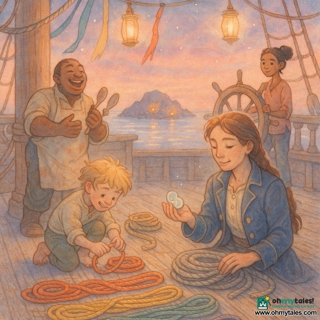 Captain Mira, open serene-faced woman with a proud gentle gaze and braided brown hair wearing a rumpled navy captain's jacket, holding a small wave-shaped pearl while inspecting neatly coiled ropes on the wooden deck; Pip, about 8, tousled blond hair and an eager smile, crouched beside a pile of red and yellow ropes carefully coiling a small line; Rolo, jovial stout man in a stained apron, playing spoons like castanets near the left rail and laughing at the children; Lila, slim teen with tied black hair and a map at her belt, smiling concentratively at the ship's wheel in the background; setting: a pirate ship's weathered wooden deck at dusk with masts, pulleys, hanging lanterns and colorful ribbons, a pebble island and small fires in the distance; moment: a warm, hopeful celebration after untangling ropes—coils arranged in colorful rows, soft sunset light on the water, scenes of quiet joy and mutual help.