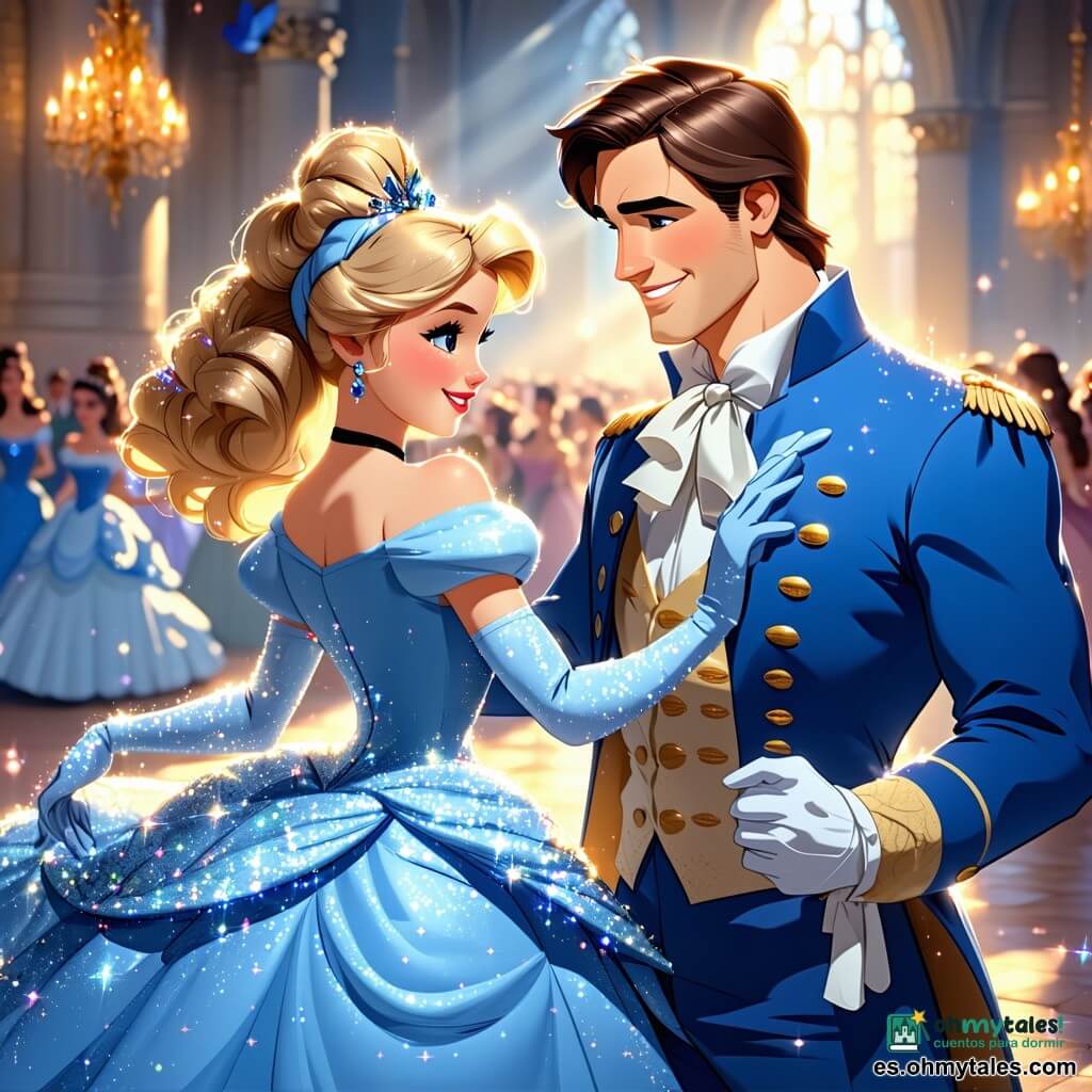 Cenicienta, una joven de cabello rubio y rizado, lleva un magnífico vestido de gala brillante, con lentejuelas plateadas que resplandecen bajo la luz. Su rostro expresa asombro y alegría, mientras baila con gracia en el gran salón del palacio. A su lado, el príncipe, un joven atractivo de unos 20 años, con cabello castaño y ojos brillantes, viste un elegante traje real azul. La mira con admiración, con una radiante sonrisa en el rostro, mientras giran juntos en la pista de baile. El gran salón del palacio está decorado con candelabros brillantes, paredes doradas y grandes ventanas que dejan entrar la luz de la luna. Invitados en trajes suntuosos bailan y ríen a su alrededor, creando una atmósfera festiva y mágica. La escena principal muestra a Cenicienta y al príncipe en un momento de felicidad compartida, mientras bailan juntos, olvidando el mundo exterior, justo antes de que el carruaje los devuelva a la realidad.