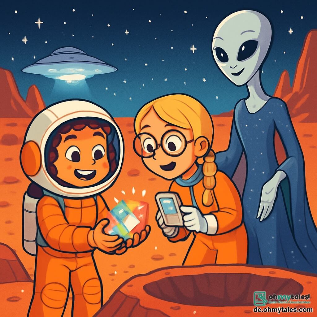Es gibt drei Charaktere: - Marlene: ein 10-jähriges Mädchen mit lockigem braunem Haar und neugierigen Augen. Sie trägt einen kleinen Astronautenhelm und einen Schutzanzug. Sie steht und hält ein leuchtendes Artefakt in ihren Händen, mit einem großen Lächeln im Gesicht. - Kira: ein 10-jähriges Mädchen mit geflochtenem blonden Haar und runden Brillen. Sie trägt ein Astronautenuniform und hält ein kleines Messgerät in ihrer Hand. Sie beugt sich leicht nach vorne und beobachtet das Artefakt fasziniert. - Tira: ein großer, schlanker Außerirdischer mit silberner Haut und tiefschwarzen Augen. Sie hat lange, dünne Arme und schimmernde, fließende Kleidung. Sie steht neben Marlene und Kira, lächelnd mit einer einladenden Haltung. Der Ort befindet sich auf dem roten Boden des Mars, in der Nähe eines großen Kraters. Der Himmel ist mit leuchtenden Sternen und einem bläulichen Licht, das von einem Raumschiff ausgeht, das hinter Felsen versteckt ist, übersät. Seltsame Felsformationen umgeben die Szene, und der Boden ist mit kleinen funkelnden Steinen bedeckt. Die Hauptsituation zeigt Marlene und Kira, die ein mysteriöses, leuchtendes Artefakt entdecken, während Tira, die Außerirdische, sie wohlwollend beobachtet. Die drei Charaktere sind in einem Moment des Staunens vereint, bereit, eine Verbindung zwischen ihren Welten herzustellen.