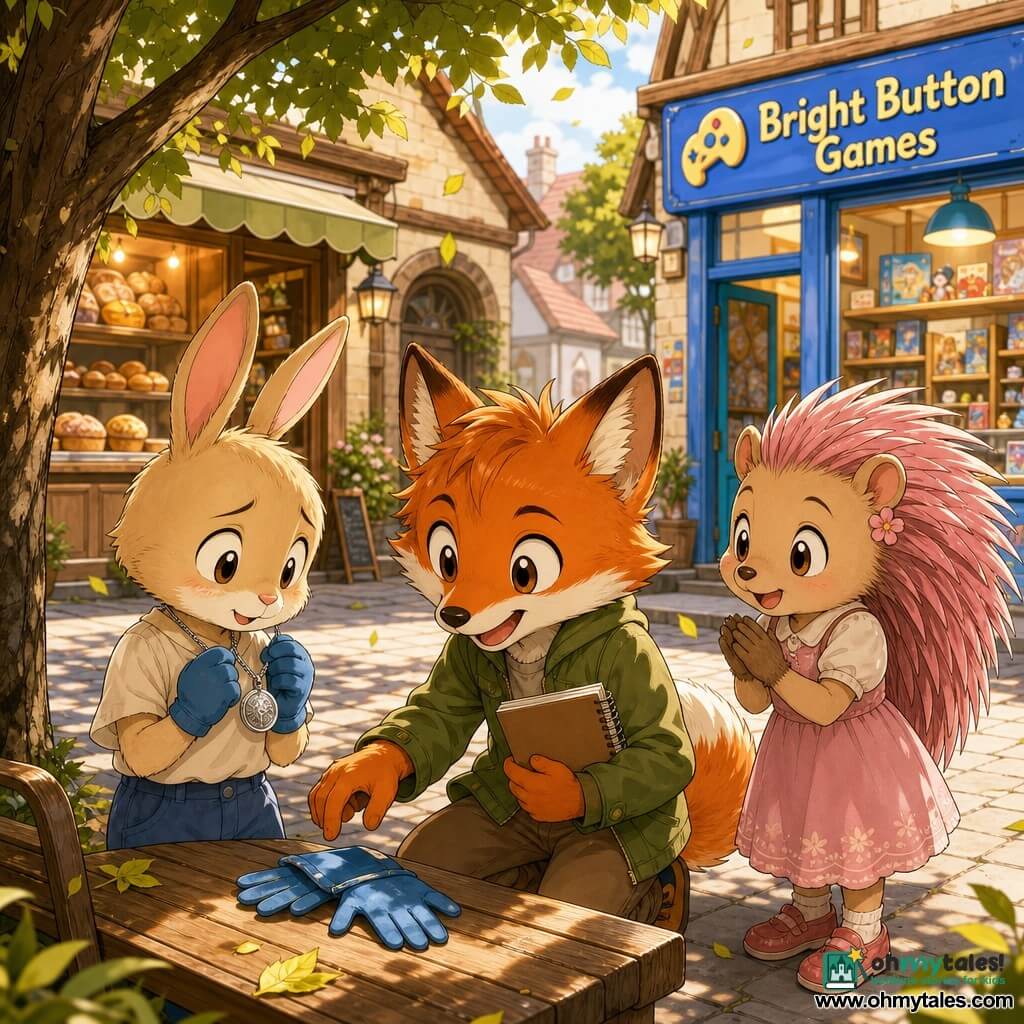 A child anthropomorphic fox (Felix), expressive and smiling, round mischievous eyes, shiny reddish fur with a small white spot on the muzzle, wearing a green jacket and holding a notebook, kneels gently looking at a pair of blue gloves on a bench; a child rabbit (Milo), small, worried then relieved, soft beige fur, now wearing the gloves, wearing shorts and clutching a silver pendant necklace, stands to the right, emotional and holding the pendant; a confident smiling porcupine girl (Lila), pink quills and a simple dress, stands slightly left applauding; background: a sunny village street with a bakery with frosted windows on the left and a colorful game shop Bright Button Games on the right with visible shelves, light tiled ground, a wooden bench in front of the bakery and a green tree with falling leaves; main scene: a joyful, gentle discovery as the children gather around the bench where the blue gloves are returned and the silver pendant is found, soft morning light, warm colors, clean lines, exaggerated tender manga expressions, friendly optimistic detective vibe.