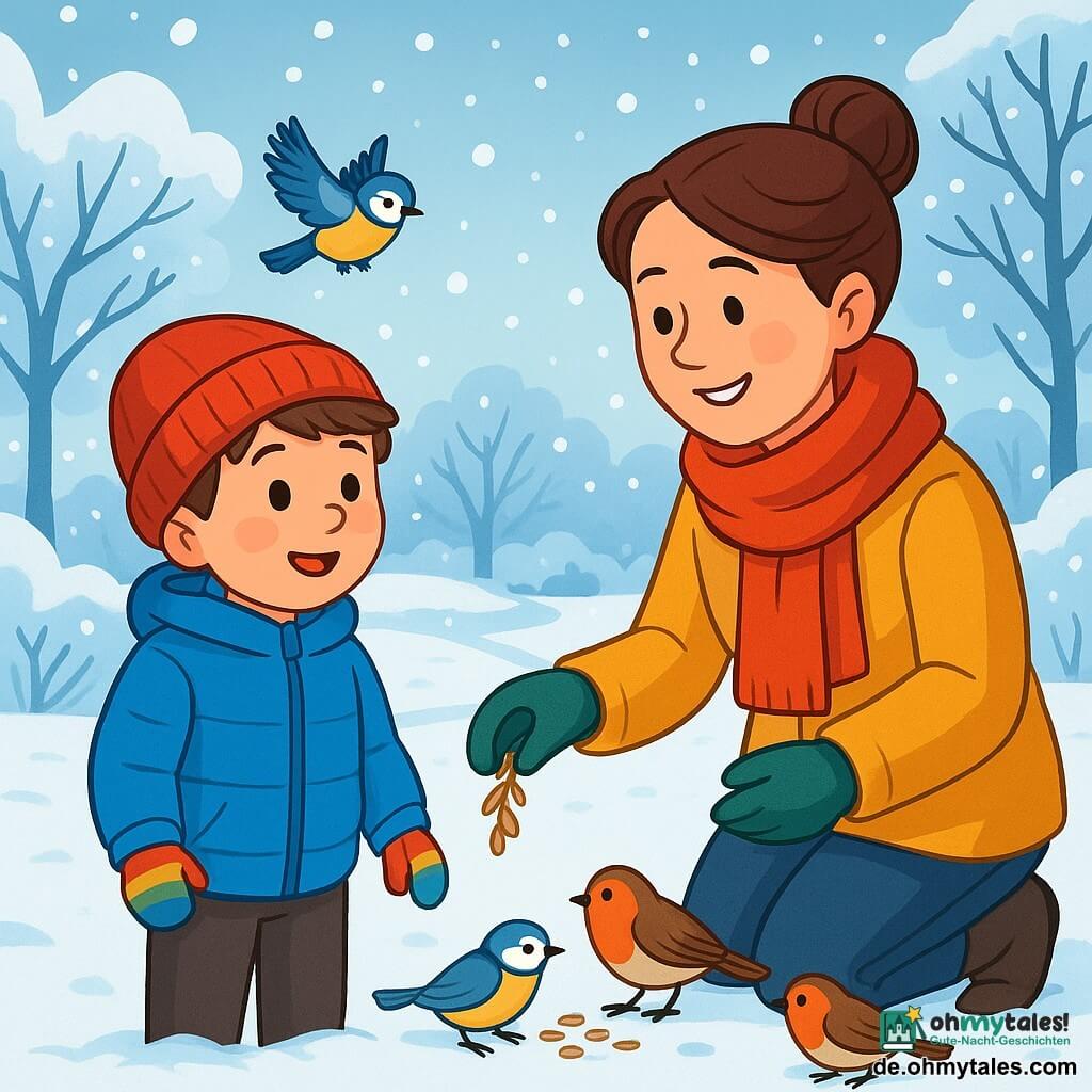 Ein 8-jähriger Junge, Jonas, mit kastanienbraunen Haaren und von der Kälte geröteten Wangen, steht in einer winterlichen Landschaft. Er trägt eine dicke blaue Jacke, eine rote Mütze und bunte Handschuhe, sein Gesicht strahlt Neugier und Staunen aus. Neben ihm lächelt seine Mutter, eine Frau in den Dreißigern mit braunen, zu einem Dutt gebundenen Haaren, während sie einen kleinen Zweig mit Samen hält, um die Vögel zu füttern. Die Szenerie ist eine verschneite Lichtung, der Boden ist mit einer dicken Schicht glitzernden Schnees bedeckt, und Bäume mit schneebedeckten Ästen umgeben sie. In der Ferne führt ein kleiner Weg zu einer alten Holzbank, während sanfte Schneeflocken vom hellgrauen Himmel fallen. Die Hauptsituation zeigt Jonas und seine Mutter, die hungrige Vögel, Meisen und Rotkehlchen, füttern, die schüchtern zu den auf dem Boden verstreuten Samen kommen und eine lebendige und magische Winterszene schaffen.