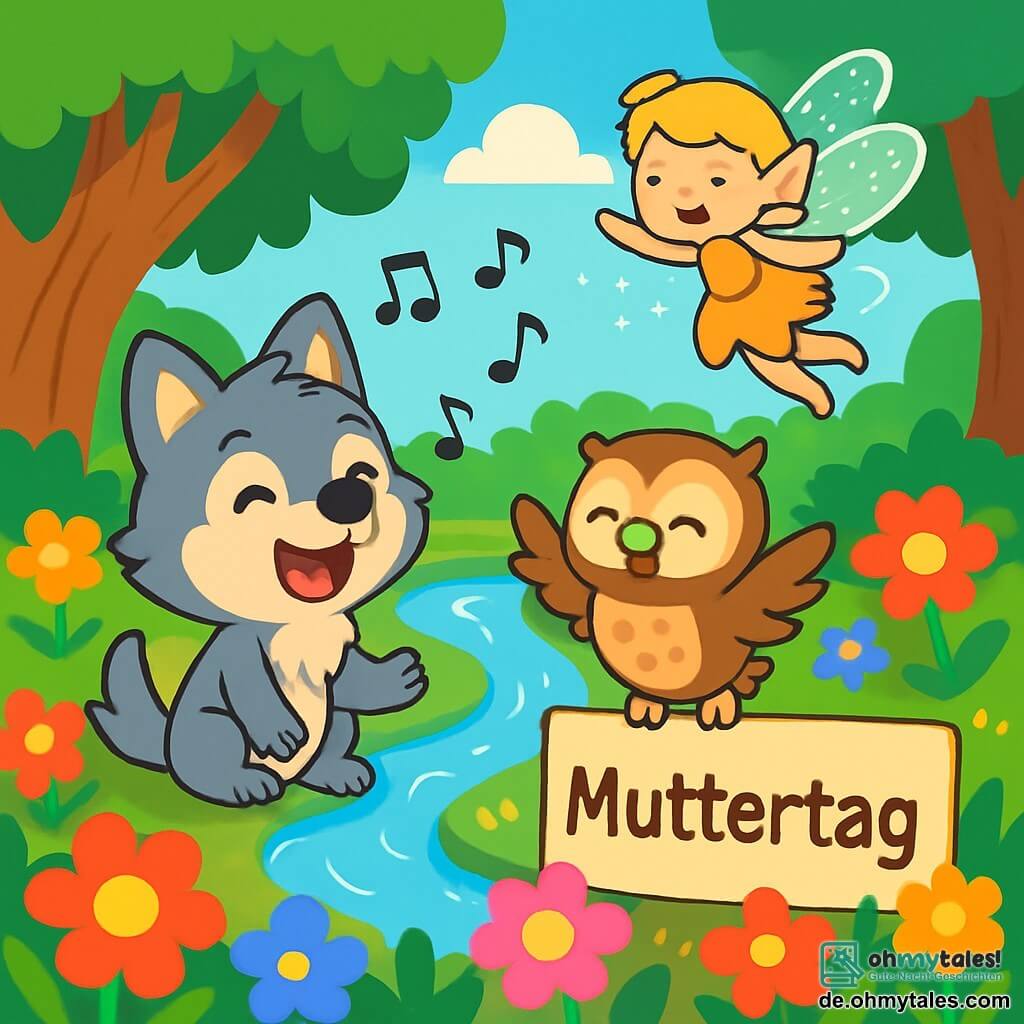 Ein kleiner Wolf namens Wolli, mit weichem grauem Fell und großen, strahlenden Augen, singt fröhlich am Rand eines glitzernden Baches. Neben ihm schlägt eine kleine Eule namens Ella, mit braunen Federn und runden, schelmischen Augen, im Takt der Melodie mit den Flügeln und zeigt eine fröhliche, freundliche Miene. Etwas weiter tanzt eine kleine leuchtende Fee, Lila, mit funkelnden Flügeln und einem Kleid aus Blütenblättern in der Luft und verleiht der Szene einen Hauch von Magie. Der Ort ist ein wunderschöner verzauberter Garten, gefüllt mit bunten Blumen, großen grünen Bäumen und einem klaren Bach, der den blauen Himmel widerspiegelt. Wolli, Ella und Lila singen zusammen ein sanftes Lied zum Muttertag, umgeben von strahlenden Blumen und Licht, was eine fröhliche und festliche Atmosphäre schafft.