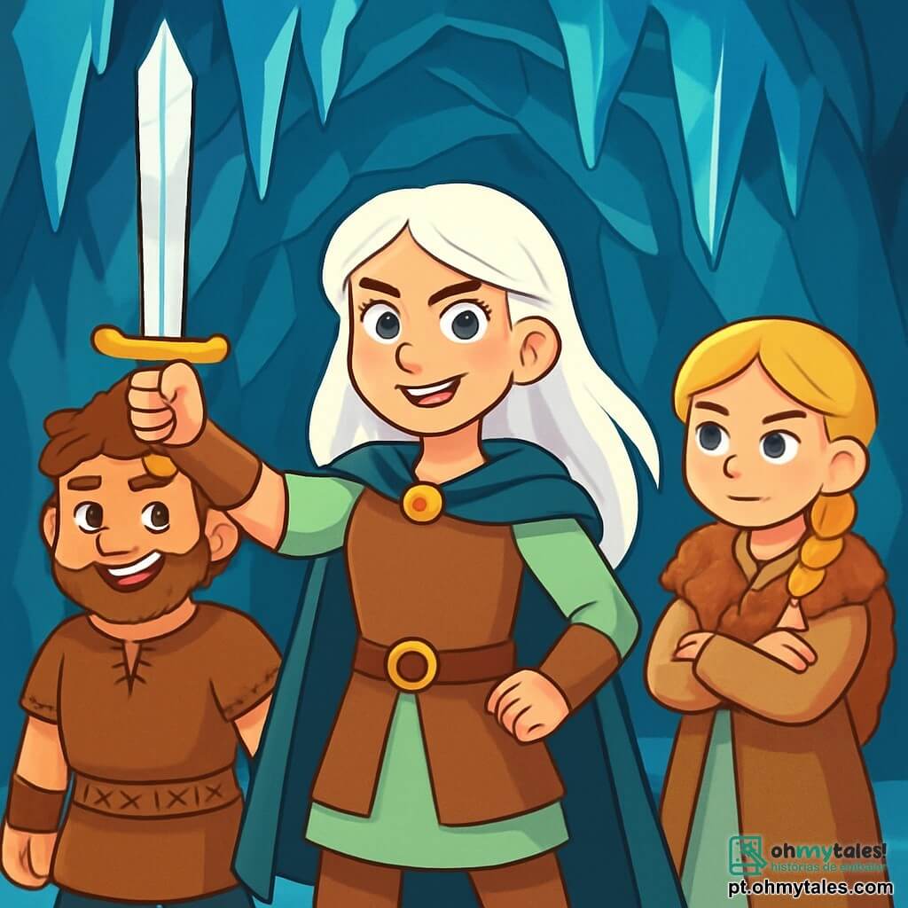 Eira, uma jovem de cabelos longos e brancos como a neve, está orgulhosamente no centro da imagem, segurando uma espada brilhante, Skjoldr, na mão. Seu rosto expressa determinação, com olhos brilhantes de coragem e um leve sorriso que mostra sua confiança. Ao seu lado, Bjorn, um garoto de 12 anos, robusto e sorridente, com cabelos castanhos e uma barba em crescimento, observa a cena com admiração. Ele usa uma túnica de couro e um cinto ornamentado com runas, pronto para defender sua amiga. Astrid, uma menina de 11 anos, com cabelos loiros trançados, está um pouco atrás, de braços cruzados, com uma expressão pensativa e sábia. Ela veste um vestido de linho e um manto de pele, olhando para Eira com orgulho. A cena ocorre na entrada de uma majestosa caverna de gelo, onde estalactites cintilantes pendem como cristais, e a luz do dia filtra através das fendas, criando reflexos azulados nas paredes de cristal. Eira, com sua determinação e espada mágica, se prepara para enfrentar um grupo de guerreiros rivais, ilustrando um momento de coragem e unidade diante do desconhecido.