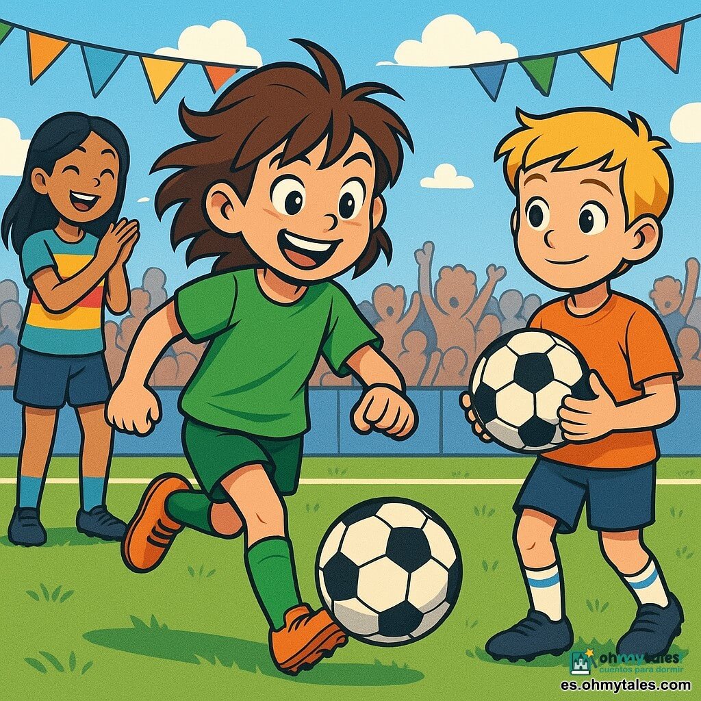 Una niña de 10 años, con el cabello castaño desordenado y una sonrisa radiante, dribla un balón de fútbol en un campo verde. Lleva una camiseta verde brillante y pantalones cortos, sus ojos brillan de emoción y determinación. A su lado, un niño de 11 años, con cabello rubio y una mirada admirativa, la observa sosteniendo otro balón, listo para pasar. En el fondo, otra niña de 10 años, con cabello largo y negro, aplaude con una sonrisa alentadora, vestida con una camiseta colorida. El campo está rodeado de espectadores entusiastas, con pancartas de colores ondeando al viento y un cielo azul salpicado de algunas nubes blancas. La escena representa un momento de camaradería y alegría, donde la niña muestra su talento en el campo, demostrando que el fútbol es para todos, sin importar el género.