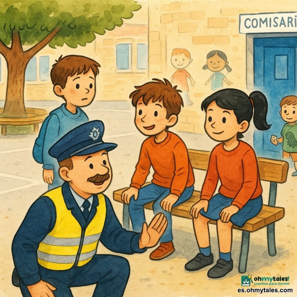 Un policía, Tomás, sonriente y sereno, rostro redondo y bigote fino, con chaqueta azul marino y chaleco reflectante amarillo, arrodillado junto a un banco con la mano abierta para apaciguar; varios niños: Óscar (≈9) moreno y tímido, de pie junto al banco mirando la portería; Dani (≈9) castaño y despeinado, sentado en el borde del banco listo para ponerse en pie; Julia (≈8) con coleta negra y mirada confiada, sentada junto a Dani; Nico (≈6) con camiseta verde de dinosaurio sosteniendo una tarjeta, algo apartado junto a una puerta azul; en el patio escolar con suelo de asfalto, líneas blancas, un árbol con bancos y un muro crema con dibujos; Tomás explica con calma un acuerdo para compartir el banco, gestos abiertos, niños atentos, atmósfera segura y colores cálidos con trazos de tinta nítidos.