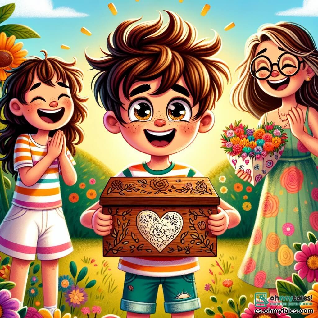 Un niño de 10 años, Lucas, con cabello castaño desordenado y ojos brillantes de alegría, se encuentra en el centro de la imagen, sonriendo ampliamente mientras presenta una gran caja de madera decorada con flores grabadas. Lleva una camiseta colorida y un short, y su rostro expresa una emoción desbordante. A su lado, su mamá, Doña Clara, una mujer de unos treinta años con cabello largo castaño y una sonrisa cálida, mira la caja con lágrimas de felicidad en los ojos. Ella lleva un vestido ligero y está ligeramente inclinada hacia adelante, fascinada por el regalo de su hijo. En el fondo, se ven dos amigos de Lucas: Sofía, una niña de 9 años con cabello rizado y un vestido de flores, que aplaude con entusiasmo, y Mateo, un niño de 10 años con gafas y una camiseta a rayas, que sostiene un gran corazón de papel decorado, listo para dárselo a Doña Clara. La escena tiene lugar en un jardín soleado, lleno de flores coloridas y árboles verdes, con rayos de sol filtrándose a través de las hojas, creando una atmósfera alegre y festiva. La situación principal muestra a Lucas, rodeado de sus amigos y su mamá, ofreciéndole un regalo hecho a mano para el Día de la Madre, simbolizando el amor y la amistad, en un ambiente de felicidad y compartir.