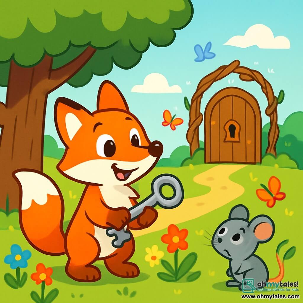 A cunning fox with bright orange fur and sparkling curious eyes stands under a large leafy tree, holding a shiny silver key in its paws. Its expression is joyful and amazed, as if it has just discovered a treasure. Nearby, a small gray mouse with round ears and a worried look watches the fox, its eyes wide, wondering what the key might open. The setting is a sunny glade filled with colorful flowers and dancing butterflies, with a shimmering twisted branch gate in the distance. The main scene shows the intrigued fox approaching the mysterious gate, ready to insert the key into the lock.