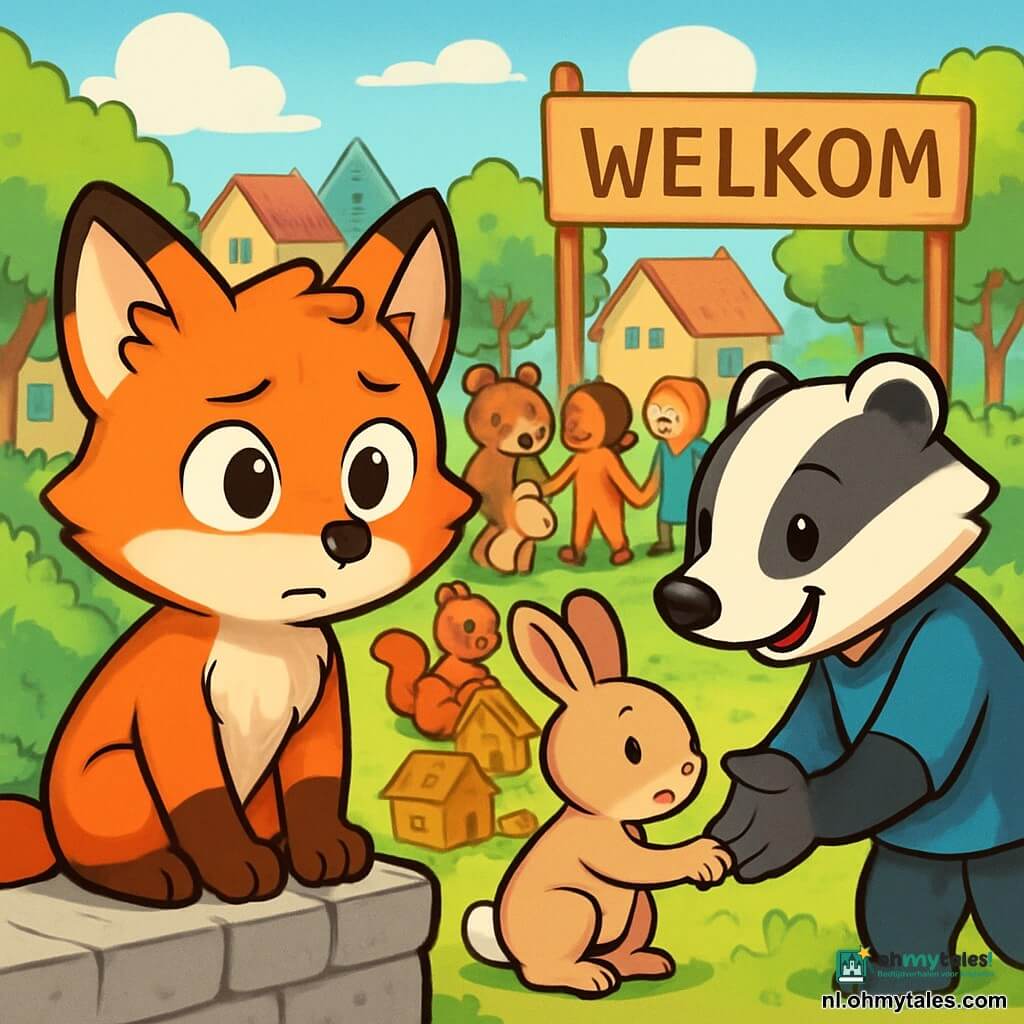 In het midden van de afbeelding kijkt Finn de kleine vos, met een heldere oranje vacht en nieuwsgierige ogen, met een mix van bezorgdheid en vastberadenheid. Hij zit op een stenen muurtje, met zijn voorpoten op zijn knieën, terwijl hij aandachtig een scène van solidariteit observeert. Rechts van hem staat Mijntje de kleine das, met witte en zwarte strepen op haar gezicht en een warme glimlach, die een vriendelijke hand naar een jonge konijn steekt dat verlegen lijkt. Op de achtergrond is het dorp levendig, met kleurrijke huizen met rode dakpannen, groene bomen en een groot houten bord dat "Welkom" aangeeft. Dieren van verschillende soorten verzamelen zich op het plein, terwijl ze glimlachen en vriendelijke gebaren uitwisselen. De belangrijkste situatie toont Finn en zijn vrienden die samen een klein houten stadje bouwen, wat samenwerking en vrede symboliseert, terwijl gelach en vrolijke stemmen de lucht vullen.