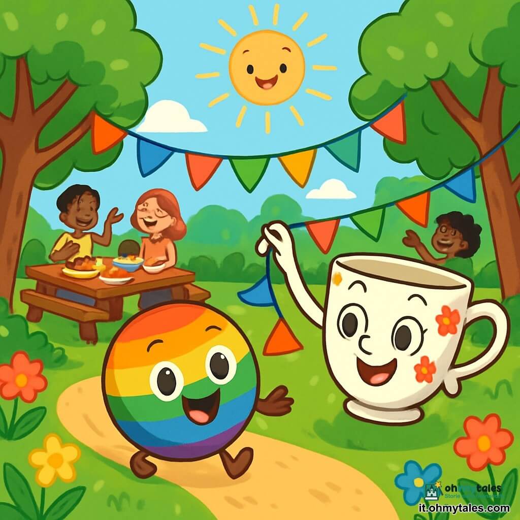Gigi, una piccola pallina colorata con un sorriso splendente e occhi scintillanti, rotola gioiosamente al centro di un parco soleggiato, circondata da fiori vivaci e alberi verdi. Tina, una tazza di ceramica bianca con motivi floreali, si trova accanto a Gigi, mostrando un'espressione di gioia ed eccitazione, mentre tiene una ghirlanda di festoni colorati che appende ai rami degli alberi. Il parco è pieno di colori vivaci, con un grande tappeto di erba verde, tavoli di legno decorati con piatti di cibo, e amici riuniti attorno, ridendo e condividendo piatti gustosi. La scena principale mostra Gigi e Tina che organizzano una festa gioiosa per riunire i loro amici e condividere cibo, creando un momento di felicità e solidarietà nella comunità.