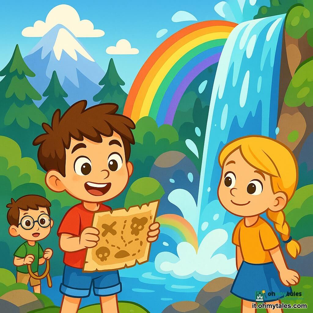 Un ragazzo di 6 anni, di nome Luca, con capelli castani arruffati e occhi pieni di curiosità, si trova ai bordi di una cascata scintillante, il viso illuminato dall'emozione e dallo stupore. Indossa una maglietta rossa e pantaloni corti di jeans, tenendo una vecchia mappa del tesoro tra le mani. Accanto a lui, Sofia, una ragazza di 6 anni con lunghi capelli biondi intrecciati e un sorriso determinato, osserva attentamente la cascata, pronta ad aiutarlo a trovare un percorso. Un po' indietro, Matteo, un ragazzo di 6 anni con capelli castani e occhiali rotondi, guarda intorno con aria avventurosa, tenendo una corda in mano. Il paesaggio è una magnifica montagna innevata, con maestosi alberi di pino e una cascata d'acqua cristallina che spruzza con forza, creando un arcobaleno nell'aria. La scena è circondata da rocce coperte di muschio, aggiungendo un tocco di mistero. I protagonisti sono Luca e i suoi amici di fronte alla cascata, cercando un modo per attraversarla e raggiungere il tesoro nascosto dietro di essa, pieni di entusiasmo e determinazione.