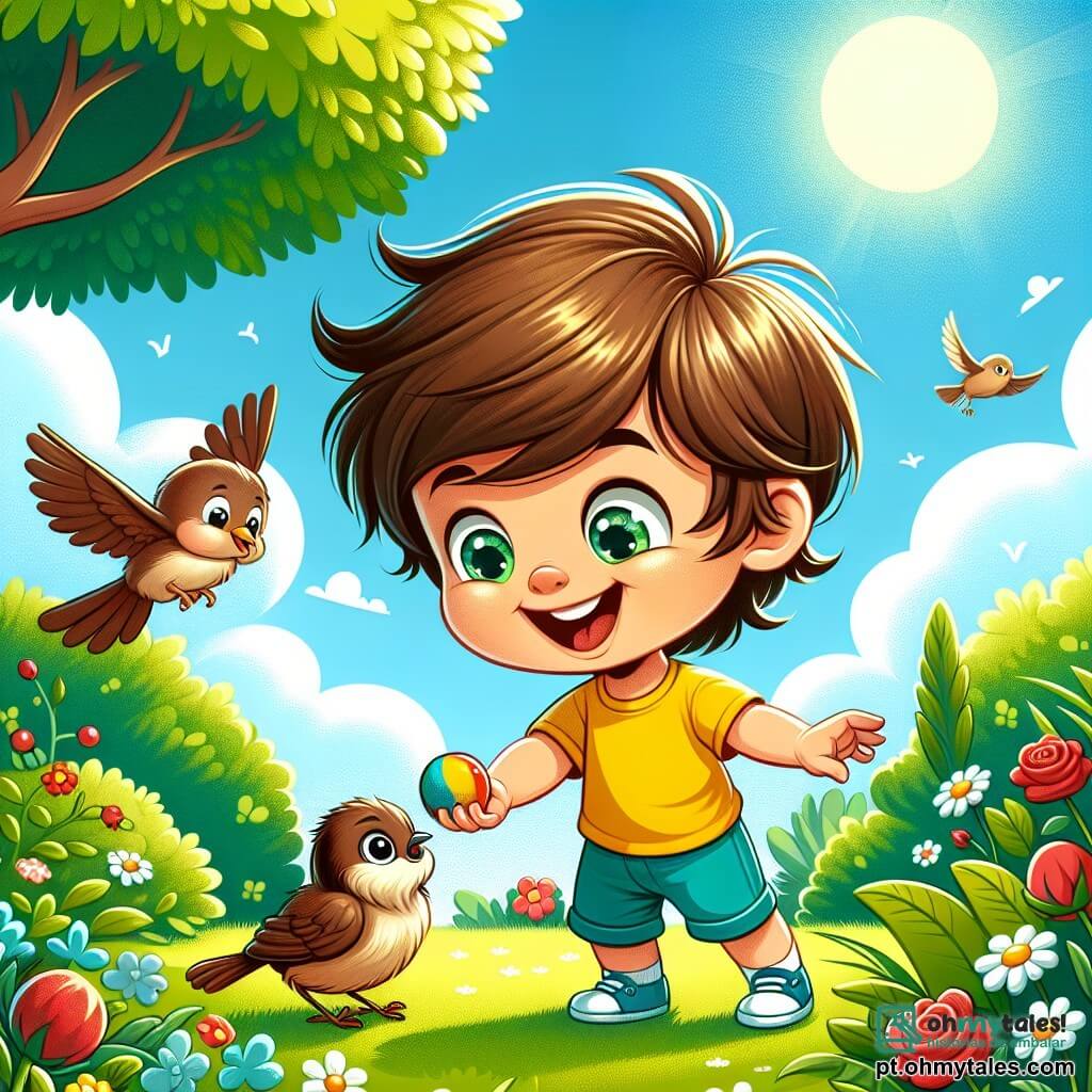 Um menino de 2 anos, com cabelos castanhos bagunçados e olhos brilhantes de alegria, está em um jardim verdejante. Ele usa uma camiseta amarela vibrante e um short azul, sorrindo amplamente enquanto lança uma bolinha colorida em direção a um passarinho. Um pequeno passarinho, um pardal de penas marrons, pula alegremente na grama, com uma expressão curiosa. O jardim está cheio de flores coloridas, com rosas vermelhas e margaridas brancas, e uma grande árvore verde se ergue ao fundo, oferecendo uma sombra suave. Nessa cena, o menino e o pardal brincam juntos, simbolizando sua amizade crescente, enquanto o sol brilha e nuvens brancas flutuam no céu azul.