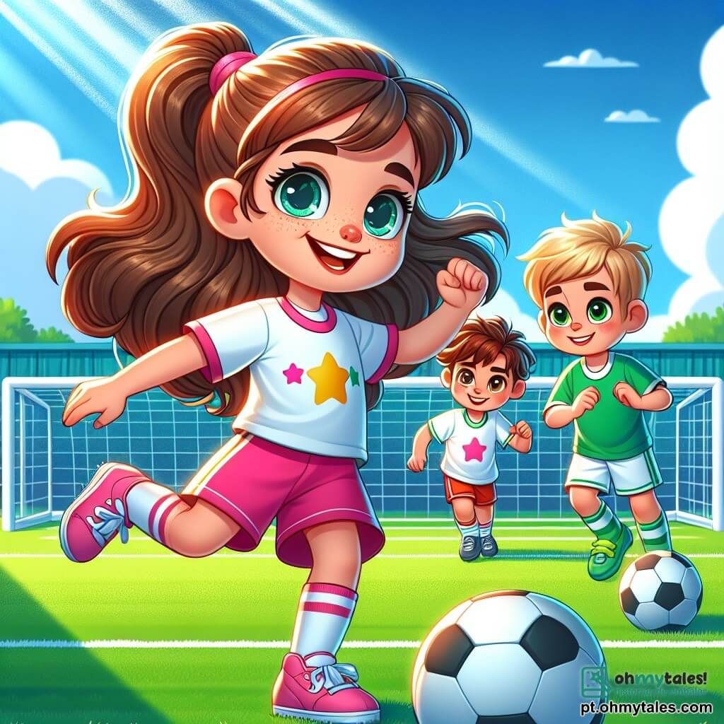 Uma menina de 8 anos, chamada Júlia, está no centro do campo de futebol, radiante de alegria e determinação. Ela tem cabelos longos e castanhos presos em um rabo de cavalo, usa um short rosa e uma camiseta branca com estrelas coloridas. Seu rosto brilha com um grande sorriso, e seus olhos estão cheios de orgulho enquanto se prepara para chutar ao gol. Ao seu lado, um menino de 8 anos, Pedro, com cabelos curtos e loiros, veste uma camiseta azul e está passando a bola para ela, com uma expressão de encorajamento e amizade. Outro menino, Lucas, também de 8 anos, está um pouco atrás, de braços cruzados e com um olhar admirativo, vestindo uma camiseta verde. O campo de futebol é verde, cercado por barreiras brancas e espectadores entusiasmados. O céu é azul com algumas nuvens brancas, e árvores verdes emolduram o local, adicionando um toque de natureza ao ambiente. A cena principal mostra Júlia em ação, pronta para chutar a bola, enquanto seus amigos a incentivam, criando uma atmosfera de camaradagem e excitação, ilustrando igualdade e trabalho em equipe.