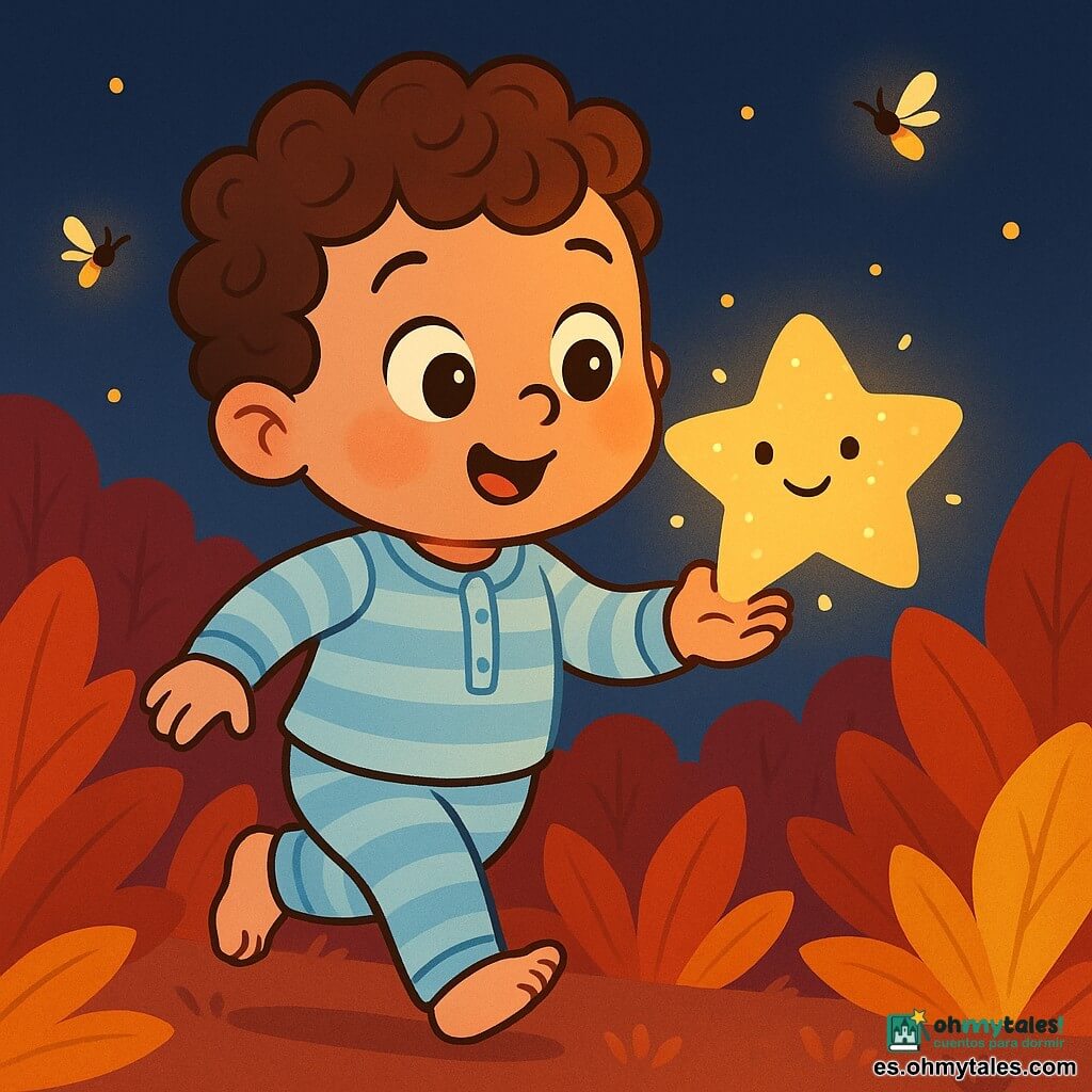Niño de 2 años de cabello castaño rizado, mejillas redondas y sonrisa maravillada, sostiene junto al pecho una pequeña estrella-lámpara dorada con bordes suaves y rostro sonriente que pulsa luz y flota sobre su mano derecha; ojos grandes y brillantes, pijama a rayas azul claro, camina de puntillas con postura alegre y curiosa. El jardín es un mar de hojas gigantes rojas, naranjas y amarillas que ondean bajo un cielo crepuscular azul profundo; luciérnagas doradas rodean la escena. Iluminación suave, colores cálidos y contrastados, trazos simples y contornos nítidos en un estilo infantil y alegre.