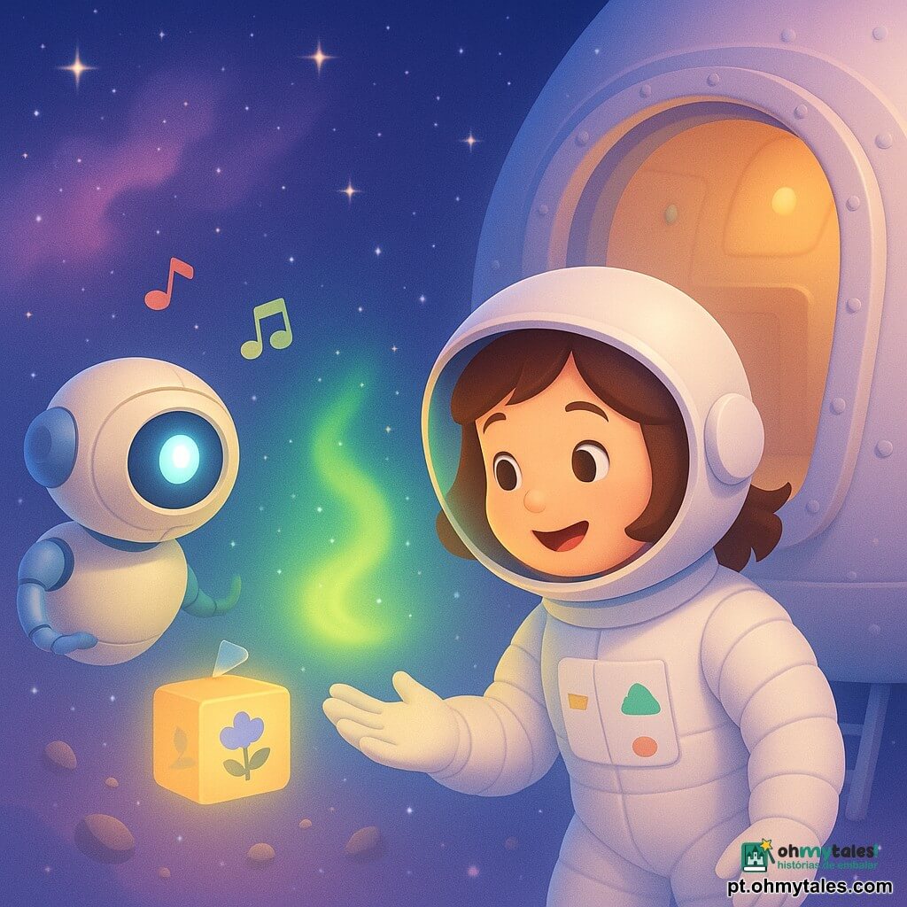 Lina é uma jovem mulher maravilhada, com um sorriso suave; veste um traje espacial branco acolchoado, viseira semi-transparente com mapas coloridos, cabelos castanhos curtos flutuando, e estende a mão para uma pequena aurora verde brilhante. Pipo, robô companheiro arredondado e amigável, corpo metálico creme com detalhes azuis e um olho luminoso circular, flutua à esquerda testando a proximidade da aurora. A nave Clara aparece atrás, casco nacarado com escotilha aberta, painéis em tons pastel e interior quente e iluminado; uma escada rebatida é visível. O espaço mostra estrelas cintilantes, uma nebulosa rosa-lilás difusa e partículas ao redor da aurora. A cena retrata um contato terno e curioso: Lina toca uma anomalia em forma de pequena aurora que pulsa como uma lâmpada suave; entre Lina e a aurora flutua uma caixa de luz contendo uma flor de papel e um desenho; tudo é calmo, seguro e em cores pastel com texturas suaves.