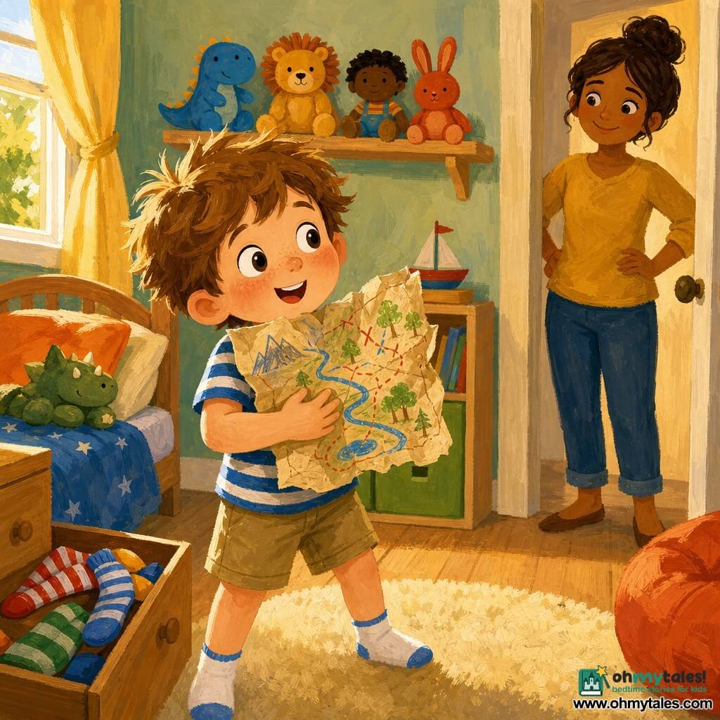 A 6-year-old boy, enthusiastic and wide-eyed with round cheeks and tousled light-brown hair, holds a crumpled paper card covered in colored-pencil drawings; wearing a blue-and-white striped T-shirt and khaki shorts, he stands with one foot on the rug and his gaze fixed on the card pressed to his chest. A mother of about 30, with a gentle smile and brown hair in a bun, stands in the doorway with hands on her hips, watching kindly. The sunny child's bedroom has light wood floors, an open sock drawer with striped socks visible, a shelf of colorful plush toys, and a window casting a band of golden light. Main scene: the boy has found a card at the bottom of the drawer and is about to set off on a "big adventure," in a determined pose with warm light on his face, creating a joyful, curious atmosphere.