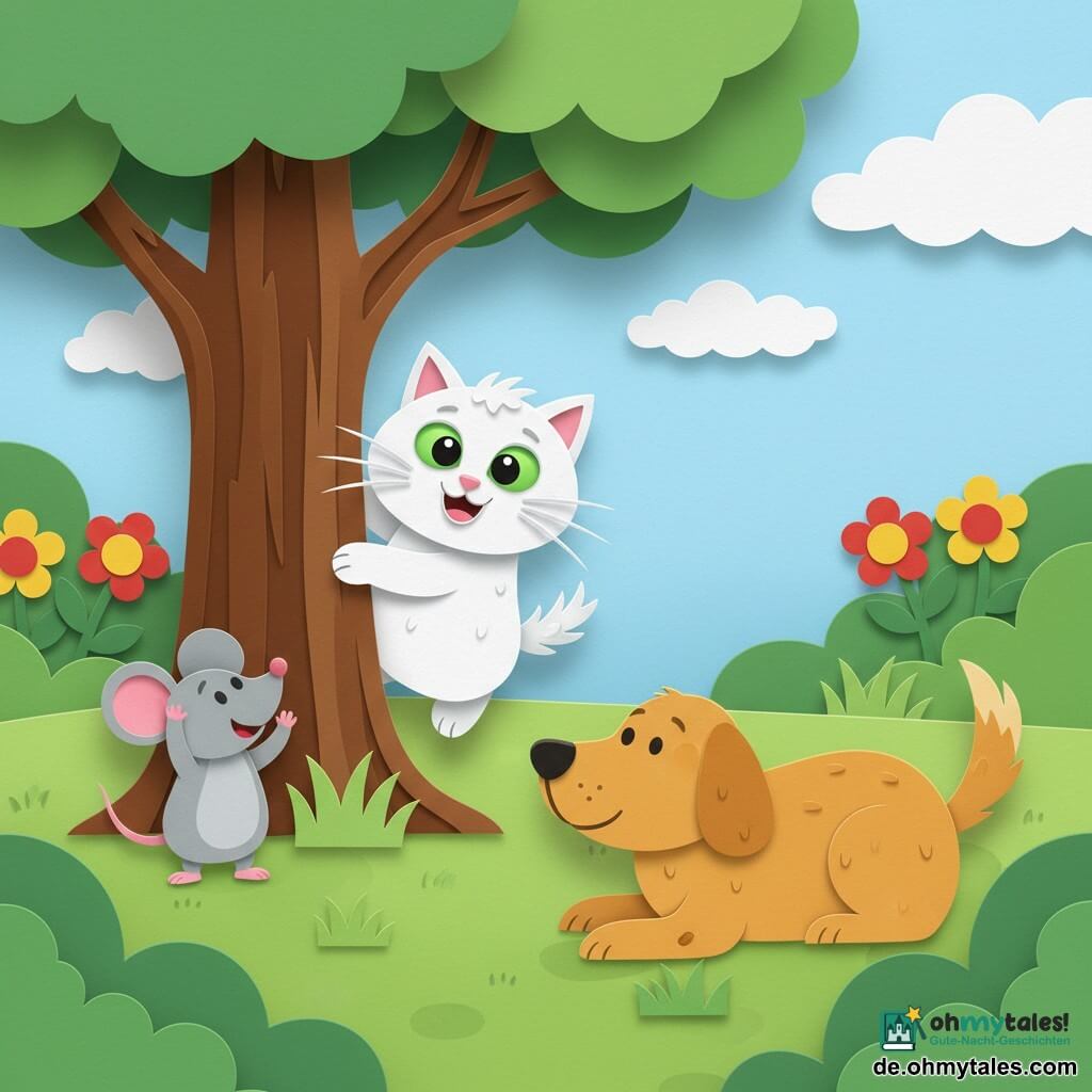 Eine weiße Schneekatze mit großen grünen Augen und glattem Fell im Stil von Scherenschnitt springt freudig und überrascht (breites Lächeln, aufgerichtete Schnurrhaare) aus einem großen Baumstamm, links steht die kleine graue Maus Mia mit rosa Ohren auf dem Rasen und zählt laut mit neckischem Ausdruck und erhobenen Armen, rechts liegt der hellbraune Hund Bello mit mehrschichtigem Papierfell, ruhig am Schwanz wedelnd und amüsiert beobachtend; Schauplatz ein farbenfroher, heller Garten mit gerundeten grünen Rasenflächen, roten und gelben kreisförmigen Blumen, einem braunen Baum mit papierartiger Rinde und hellem blauem Himmel mit weichen weißen Wolken; Szene: fröhliches Versteckspiel, dynamisch und klar, einfache lesbare Komposition für Kleinkinder mit kontrastreichen Farben und scharfen Papierkanten.