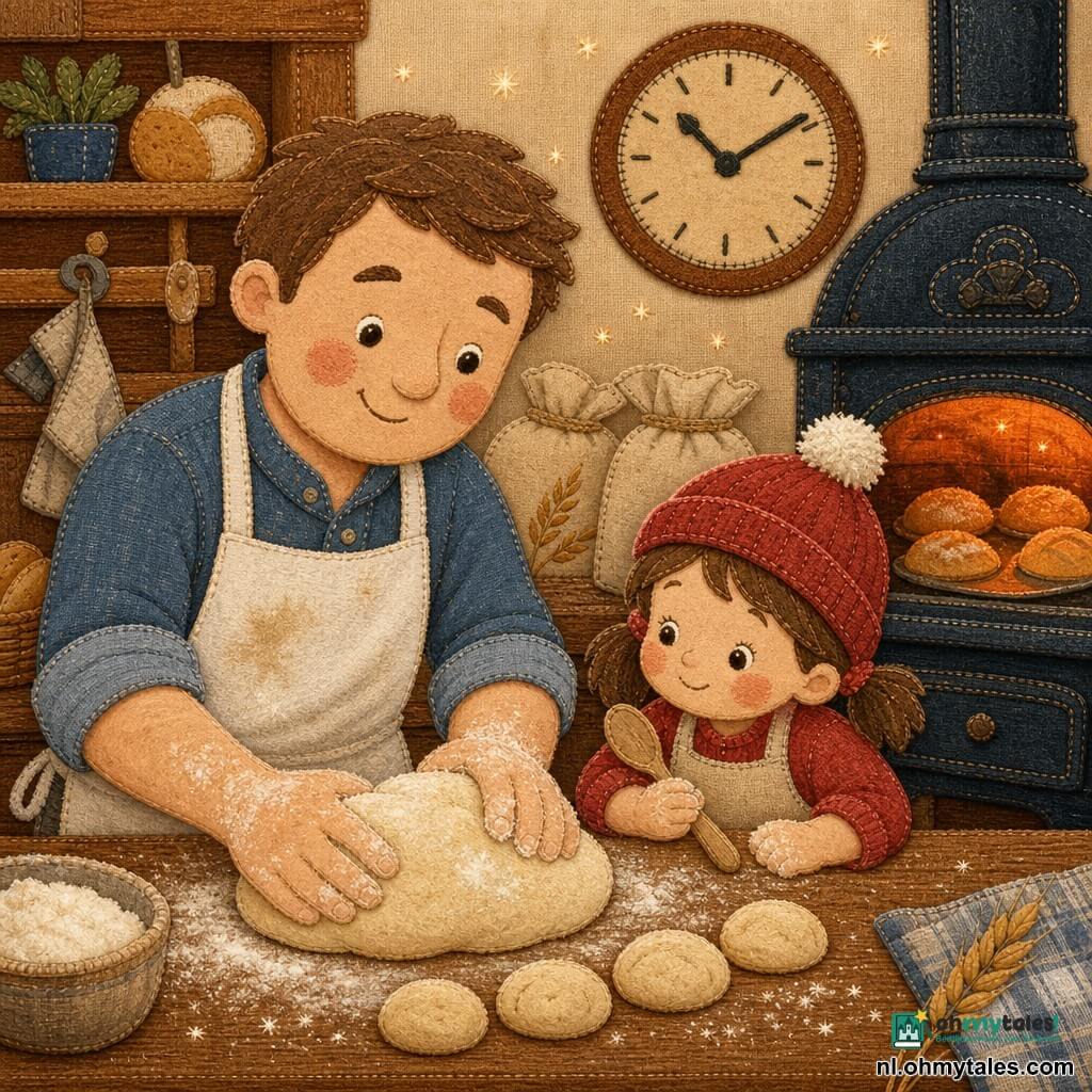 Een glimlachende serene bakker met rond gezicht, rosige wangen, kort kastanjebruin haar en wit meelbesmeurd schort kneedt zacht een grote deegbal op een houten werkblad terwijl de driejarige Mila met bruine vlechtjes en pomponmuts, een klein houten lepeltje in de hand, vanaf de toonbank toekijkt; de gietijzeren oven werpt een zachte oranje gloed op goudbruine, ronde broden op een bakplaat, in een warme bakkerij met houten planken, meelzakken, een grote ronde wandklok en meelstof dat als kleine sterren zweeft — zij vormen samen in alle rust broodjes met bebloemde handen en kruimels op de toonbank.