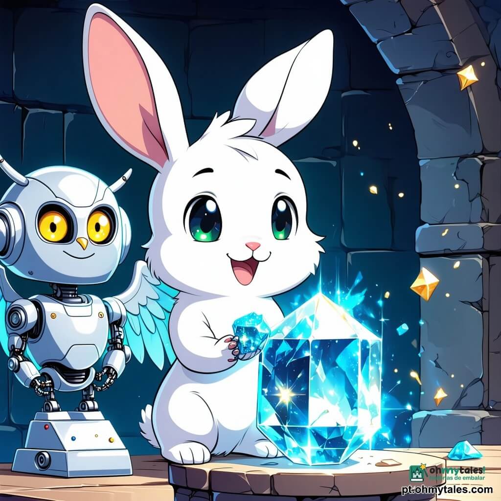 Zico, um coelhinho branco de pelagem fofa e grandes olhos esmeralda, segura um pequeno fragmento estrelado azul e o encaixa delicadamente num cristal gigante sobre um pedestal; ao lado, Lúmina, uma coruja-robô prateada com asas de engrenagens e olhos-lâmpada amarelos, sorri e acena uma asa desde uma consola brilhante, enquanto um pequeno dragão vermelho-alaranjado de escamas reluzentes aplaude no ar deixando cair faíscas douradas; atrás de Zico, inventores emocionados — um duende verde de óculos redondos e pequena corna no chapéu e uma velha raposa sábia de bata prateada — observam de mãos juntas em semicírculo; a cena passa na Sala das Invenções, uma nave abobadada de paredes de cristais coloridos, vigas de cobre polido, consolas com botões luminosos, tubos fumegantes e trilhos de engrenagens douradas no teto, com pequenas faíscas azuis flutuando; o fragmento se encaixa e uma onda de luz quente e dourada se propaga, engrenagens aceleram e os cristais emitem notas visíveis como pequenas ondas coloridas; estilo gráfico: cores vivas, contornos nítidos, expressões exageradas, detalhes mecânicos infantis, atmosfera calorosa e de deslumbramento.