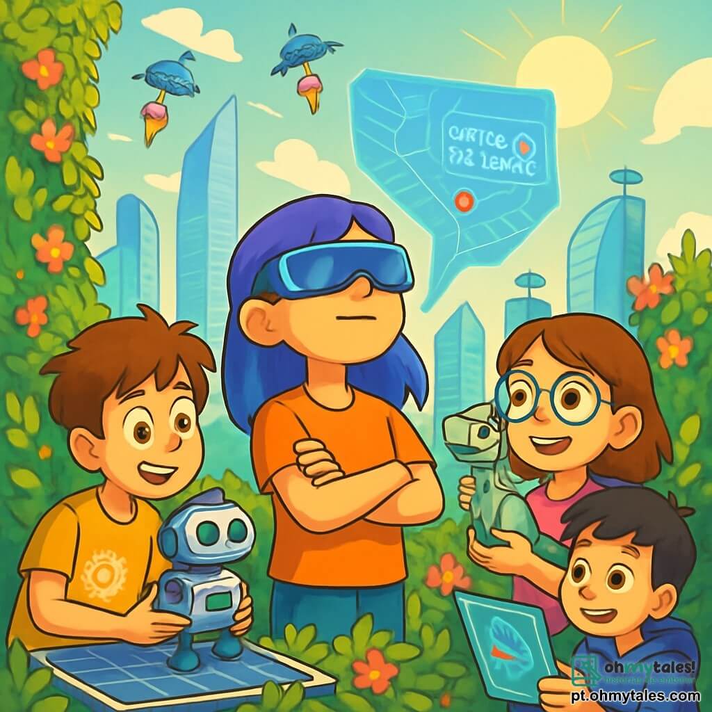 Há 4 crianças: - Luna: uma menina de 12 anos com cabelos azul-violeta brilhantes, usando óculos de realidade aumentada. Ela está no centro, com os braços cruzados, olhando para o céu com um ar determinado. - Rafa: um menino de 12 anos, com cabelos castanhos bagunçados e uma camiseta com engrenagens impressas. Ele está à esquerda de Luna, inclinado para frente, segurando um pequeno robô que construiu. - Ana: uma menina de 12 anos, com cabelos castanhos e óculos redondos, segurando um mini-dinossauro robótico chamado Pixel em seus braços. Ela está à direita de Luna, sorrindo e observando a paisagem. - Caio: um menino de 12 anos, com cabelos pretos e um moletom com capuz, sentado na borda do jardim vertical, manipulando um tablet holográfico. O local é o topo de um jardim vertical, cercado por paredes de vegetação exuberante e flores coloridas, com painéis solares brilhando. Ao fundo, arranha-céus de vidro com formas futuristas se erguem em direção ao céu, enquanto drones passam zumbindo, entregando sorvetes. O sol brilha intensamente, iluminando a cena com uma luz dourada. A situação principal mostra as crianças em plena discussão, intrigadas por um mapa holográfico projetado no ar, com um ponto vermelho piscando perto do Centro de Inovações. Elas parecem animadas e determinadas a descobrir o mistério que envolve essa atividade estranha.