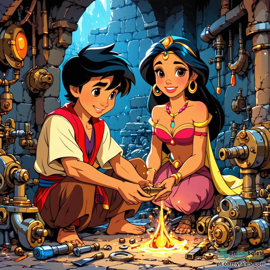 Aladdin, um jovem de cabelos negros e olhos brilhantes, está sentado em um monte de peças de máquinas em seu pequeno ateliê, com um sorriso maravilhado ao descobrir um antigo dispositivo brilhante. Ele usa uma túnica colorida e calças largas, com ferramentas espalhadas ao seu redor, mostrando seu amor pela mecânica. Ao seu lado, Jasmine, uma menina de 12 anos com cabelos longos e cacheados, vestindo um jaleco de engenheira e óculos de proteção, observa fascinada o dispositivo. O ateliê está cheio de máquinas coloridas, peças metálicas brilhantes e planos espalhados, com luzes piscando que criam uma atmosfera mágica. A cena principal mostra Aladdin e Jasmine trabalhando juntos no dispositivo misterioso, enquanto uma luz dourada emana dele, iluminando seus rostos com uma luz quente e mágica. Eles estão imersos em sua tarefa, ansiosos para descobrir o segredo que esse objeto antigo guarda.