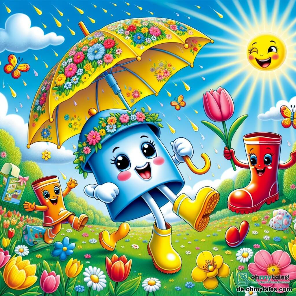 Rudi, ein kleiner bunter Regenschirm mit Blumenmustern, steht im Mittelpunkt des Bildes, springt vor Freude mit einem großen Lächeln im Gesicht, umgeben von strahlenden Sonnenstrahlen. Neben ihm tanzen zwei fröhliche Gummistiefel, einer rot und der andere gelb, auf dem grünen Rasen, ihre glücklichen Ausdrücke zeigen, dass sie viel Spaß haben. Im Hintergrund beobachtet ein großer blauer Regenmantel mit einer lächelnden Kapuze die Szene wohlwollend und hält ein Buch über die Natur. Der Ort ist eine weitläufige blühende Wiese, übersät mit bunten Tulpen und Gänseblümchen, unter einem hellblauen Himmel mit einigen flauschigen weißen Wolken. Die Hauptsituation zeigt Rudi und seine Freunde, die den Frühling feiern, zusammen spielen und die Schönheit der Natur genießen, umgeben von leuchtenden Blumen und fröhlichen Tieren, die um sie herum erwachen.