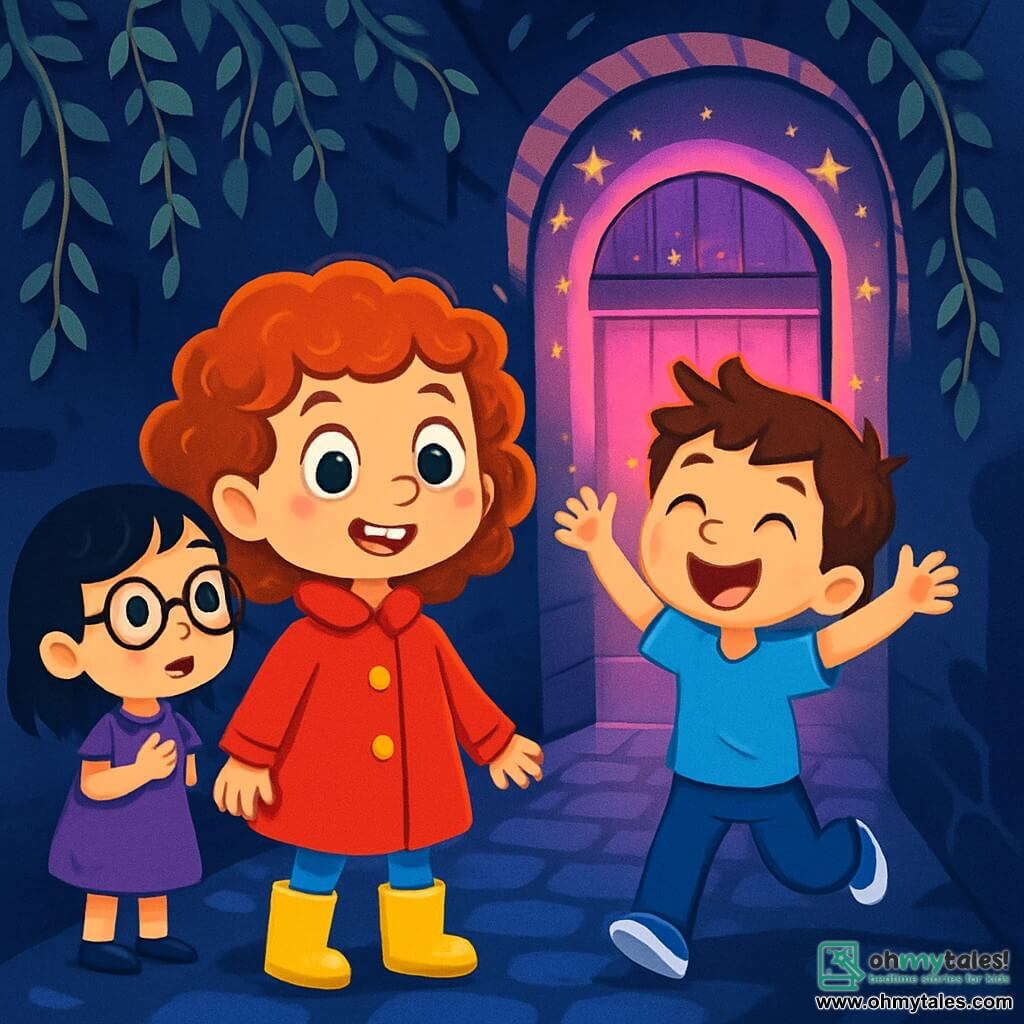 There are three characters: Mia, a 6-year-old girl with curly hair and sparkling green eyes, wearing a bright red coat and yellow boots, stands in the center, smiling and curious, looking at the colorful tunnel. Leo, a 6-year-old boy with messy brown hair and a big smile, wearing a blue t-shirt and jeans, is slightly forward, arms raised enthusiastically, ready to explore. Sophie, a 6-year-old girl with smooth black hair and round glasses, dressed in a purple dress, stands a little back, observing the tunnel with wide-eyed wonder. The scene takes place in a narrow, dark magical alley where walls are covered with silver-leaved vines. At the end of the alley, a purple wooden portal shines with bright pink light, surrounded by tiny twinkling stars. The ground is paved with glowing stones, and shadows dance around the children, creating a mysterious yet welcoming atmosphere. The main situation shows the three friends, in awe, in front of the magical portal, preparing to jump into a colorful tunnel that will lead them to a secret city full of fantastic creatures. The vivid colors and enchanting details evoke the excitement and adventure that await them.