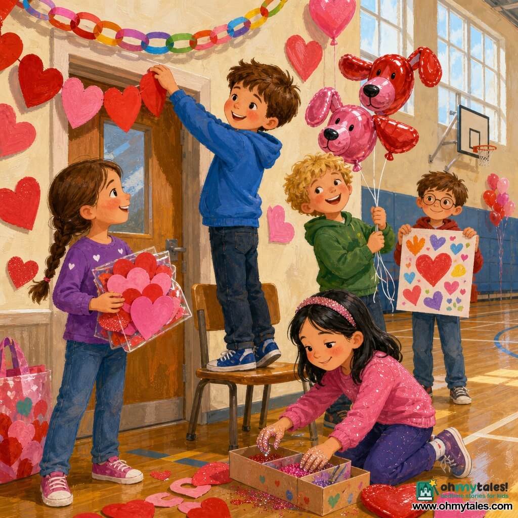 An 8-year-old boy, Max, smiling with short brown hair, stands on a small wooden chair hanging a long red-and-pink heart garland above a door; to his left Zoe, about 8, energetic with brown hair in a braid, holds a bundle of hand-cut paper hearts on the floor; to his right and slightly behind, Felix, about 8, playful with messy blond hair, blows dog-shaped balloons and holds them in his right hand; crouched in front of a glitter box, 7-year-old Mia, dreamy with black hair and a glitter headband, has glitter on her hands and clothes; near the wall behind the group Sam, about 8, shy but proud with brown hair and round glasses, displays a large colorful poster reading Friendship Makes Everything Brighter; the scene is a bright school gym with shiny wood floors and large windows, decorated with paper-heart garlands, floating red and pink balloons, and a colorful friendship chain above the door, showing the four children happily decorating together for Valentine’s Day with vivid colors, paper textures, glitter highlights, warm smiles and a festive, collaborative atmosphere.