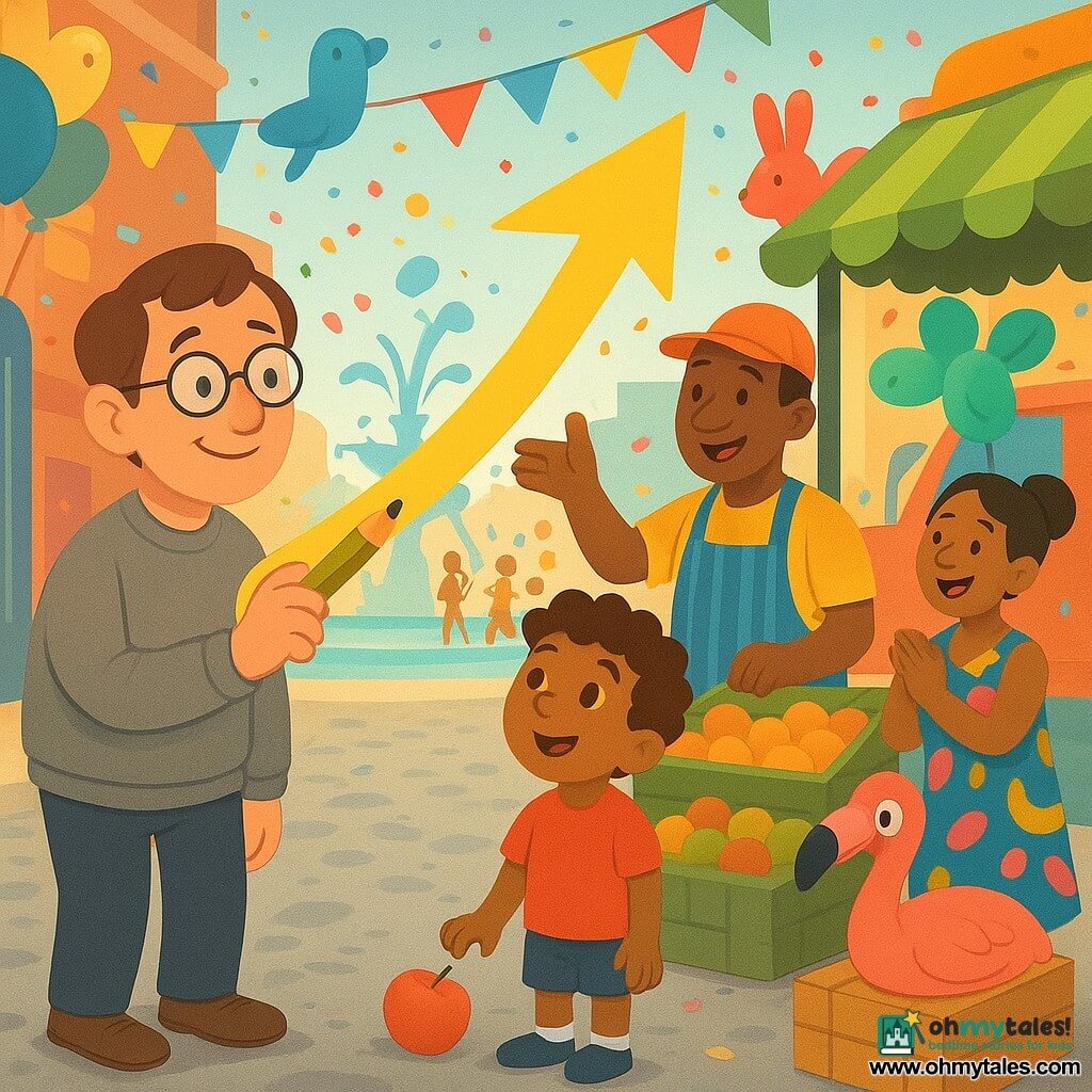 A shy man of about 40 in a faded gray sweater and round glasses smiles as he draws a large yellow arrow that arcs out of the paper with a short pencil; a curly‑haired 6‑year‑old boy in a red T‑shirt watches in wonder from the crowd, a rolled apple near his feet; a 50‑year‑old fruit vendor in an orange cap and striped apron stands by his stall, following the arrow and reaching out as if to guide the boy; a 35‑year‑old radio host in a colorful dress with hair tied back applauds near a small truck decorated with radio waves; a plush flamingo named Señor Beaky sits on a crate observing the scene. The setting is a lively city street turned parade — glowing cobbles, multicolored stalls, giant animal balloons, banners, falling confetti, and a fountain with turquoise water and stylized fish — where the drawn arrow flies above the crowd to point to jugglers by the fountain, guiding a comic rescue in which fragile discs are exchanged for rubber balls amid movement, joy, and vivid colors.