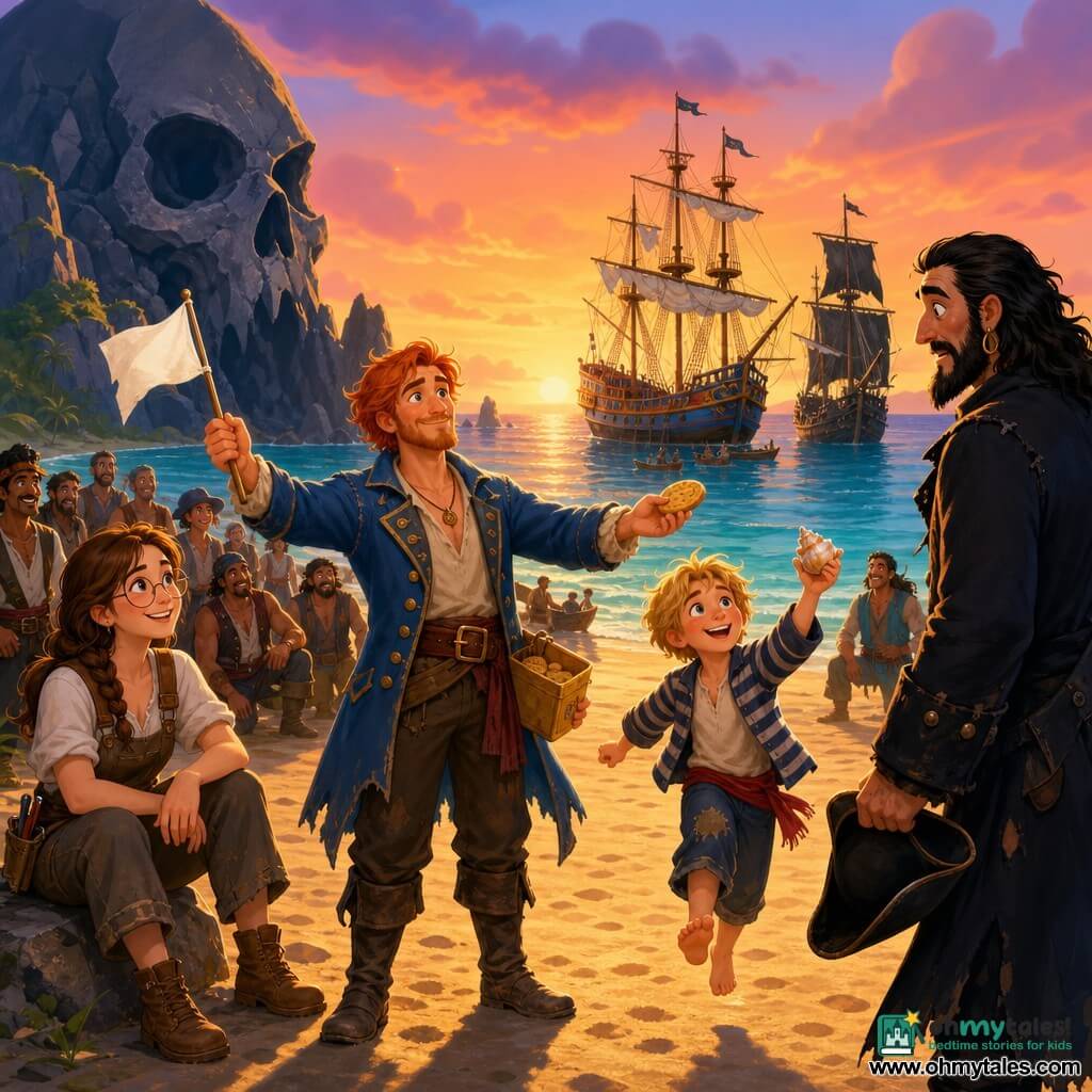 Captain Jasper Finn — smiling, tousled red hair, light beard, worn blue pirate coat — holds a small white flag and a yellow biscuit box, offering a biscuit forward in an open, confident gesture; Molly, a ~20-year-old carpenter with braided brown hair, dusty overalls and round glasses, sits on a rock to his left, laughing gently; Billy, about 10, with messy blonde hair and a striped jacket, skips on the sand to his right holding a shiny shell and looking at Jasper admiringly; Captain Blacktooth, tall in a torn black coat, furrowed brows softening as he still holds his hat, stands slightly back; golden sandy beach at the foot of a sharp black rock (Skull Rock), calm blue waves, two anchored ships (a colorful frigate and a dark schooner) with partially lowered sails, sunset sky of orange, pink and purple; a reconciliatory moment as Jasper offers a biscuit and a white flag to Blacktooth, crews mingling on the sand with friendly smiles and long evening shadows, warm optimistic atmosphere.
