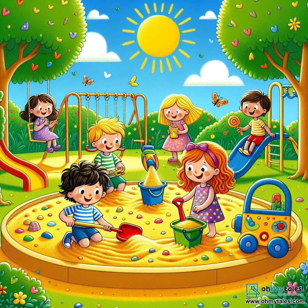 In the center of the image, Sam, an 8-year-old boy with brown hair and glasses, is digging in the sand with a red shovel. To his right, Lily, a 7-year-old girl with blonde hair in a pink dress, smiles while holding a blue bucket filled with sand. On the left, Mia, a 9-year-old girl in a colorful wheelchair, looks on enthusiastically, holding a seashell in her hands. Just behind them, Jake, a 6-year-old boy with messy black hair, runs with a green bucket, ready to bring more sand. Max, an 8-year-old boy with brown hair and a striped t-shirt, leans down to add decorations to their sandcastle.

The location is a beautiful sunny playground filled with bright colors, featuring swings, slides, and a large golden sandbox. Green trees surround the area, and the sky is a vibrant blue with a few fluffy white clouds.

The main scene shows the children working together to build a large sandcastle, laughing and encouraging each other, illustrating gender equality and friendship.