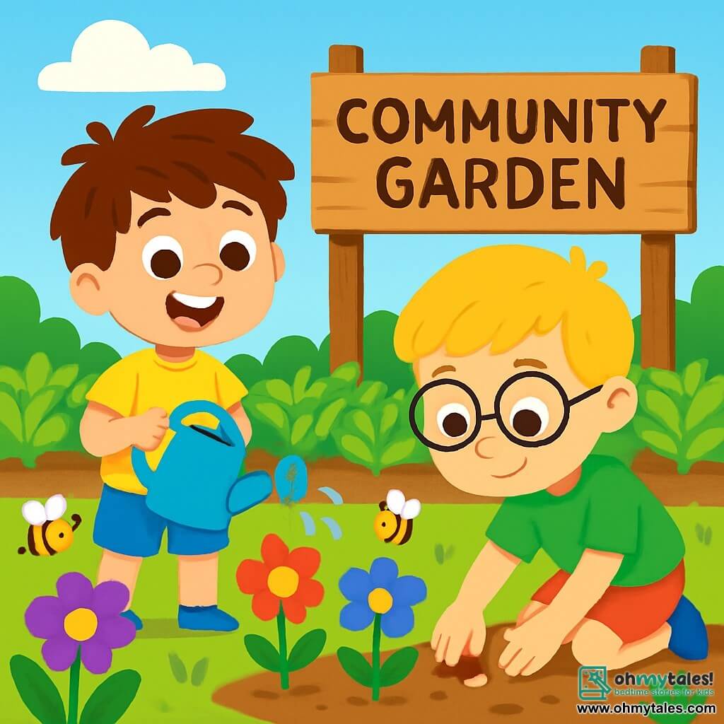 There are two main characters: - Sam: a 7-year-old boy with messy brown hair and sparkling eyes. He is wearing a bright yellow t-shirt and blue shorts. Sam is joyfully smiling while holding a watering can. - Max: a 6-year-old boy with blonde hair and round glasses. He is wearing a green t-shirt and red shorts. Max is crouched down, planting seeds in the garden with a focused expression on his face. The main setting is a vibrant community garden filled with colorful flowers with bright red, blue, and purple petals. Rows of green plants stretch as far as the eye can see, and bees buzz around the flowers. In the background, a large wooden sign reads "Community Garden." The sky is a bright blue, dotted with a few fluffy white clouds. The main situation shows Sam and Max watering the plants and planting seeds, surrounded by greenery. Sam splashes some water while laughing, while Max carefully places the seeds in the soil. Both boys are happy and engaged in their task, creating a cheerful and playful atmosphere.
