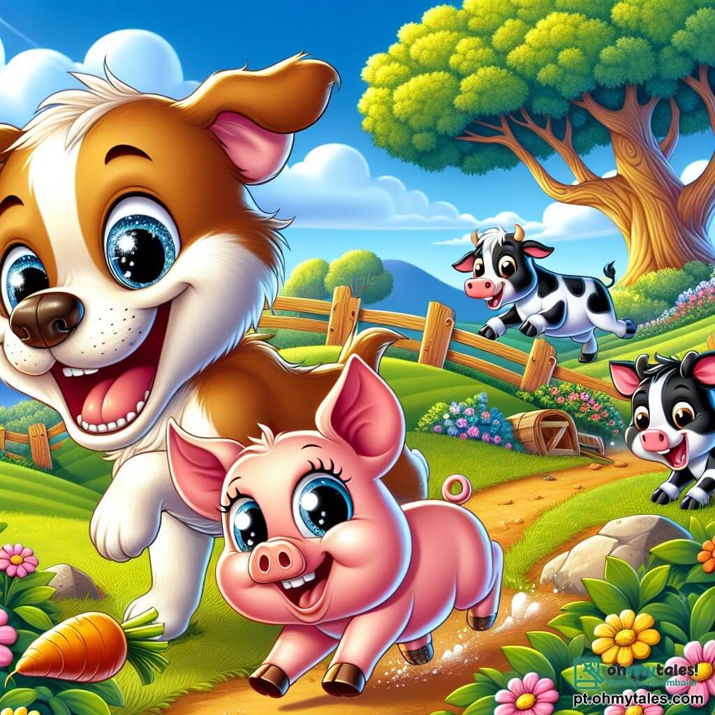 Um cachorro alegre chamado Bolinha, com pelagem marrom claro e orelhas caídas, corre a toda velocidade, sorrindo e com os olhos brilhando de excitação. Ao lado dele, um pequeno porquinho rosa chamado Guto, com olhos redondos e curiosos, toma um atalho sob uma cerca de madeira, parecendo determinado. Ao fundo, uma vaca branca e preta, Mimosa, persegue uma grande cenoura laranja segurada por um gato preto e branco, Frajola, que está em uma pedra, rindo muito. A cena acontece em um campo verdejante, cheio de flores coloridas e uma grande árvore de carvalho majestosa ao longe, sob um céu azul brilhante com algumas nuvens brancas fofas. Os animais estão em plena corrida, criando uma atmosfera alegre e divertida, cheia de risadas e camaradagem.