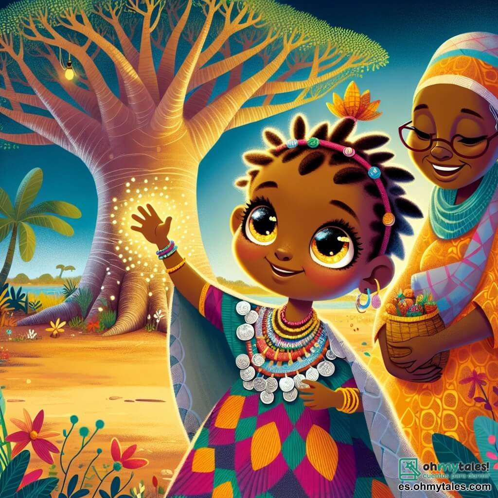Amina, una niña de 8 años con ojos brillantes como luciérnagas, lleva un vestido colorido de tela africana y un collar de semillas brillantes. Tiene una expresión decidida y alegre, con los brazos levantados hacia el cielo, como si llamara al sol. A su lado, su mamá, una mujer de unos cuarenta años con el cabello trenzado, sonríe suavemente mientras sostiene una pequeña canasta llena de frutas coloridas. Detrás de ellas, un majestuoso baobab se alza con sus ramas extendiéndose como brazos protectores. El suelo está cubierto de flores brillantes y el cielo es de un azul profundo, mientras una suave brisa hace bailar las hojas. Amina está en el centro, lista para ir en busca del sol dorado para traer luz y alegría al pueblo.
