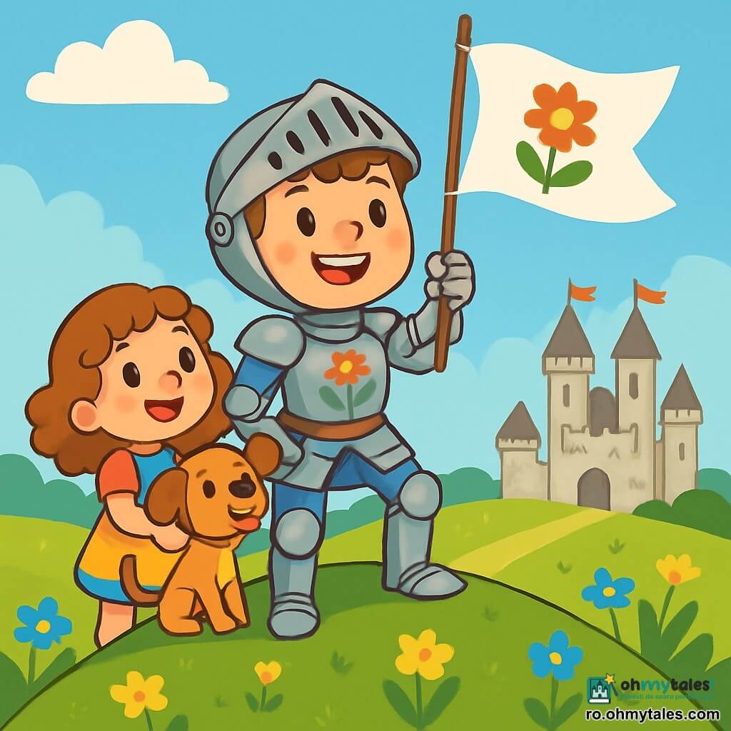 Un tânăr cavaler pe nume Andrei, în vârstă de aproximativ 10 ani, stă mândru și hotărât pe vârful unei coline verzi. Poartă o armură strălucitoare, împodobită cu motive florale, și un steag alb care flutură în vânt. Fața lui este luminată de un zâmbet larg, iar ochii îi strălucesc de entuziasm și curaj. Lângă el, o fetiță de aproximativ 8 ani, cu părul creț și o rochie colorată, îl privește cu admirație. Ea ține un cățel cu urechi mari, care își mișcă coada cu entuziasm. Peisajul este o vastă pajiște presărată cu flori galbene și albastre, cu un cer albastru deschis și câteva nori albi pufoși. În fundal, se zărește un vechi castel de piatră, cu turnuri înalte și steaguri fluturând. Situația principală îl arată pe Andrei ridicându-și steagul speranței, pregătit să înfrunte provocările care îl așteaptă, în timp ce fetița și cățelul său îl încurajează cu zâmbete radiante.