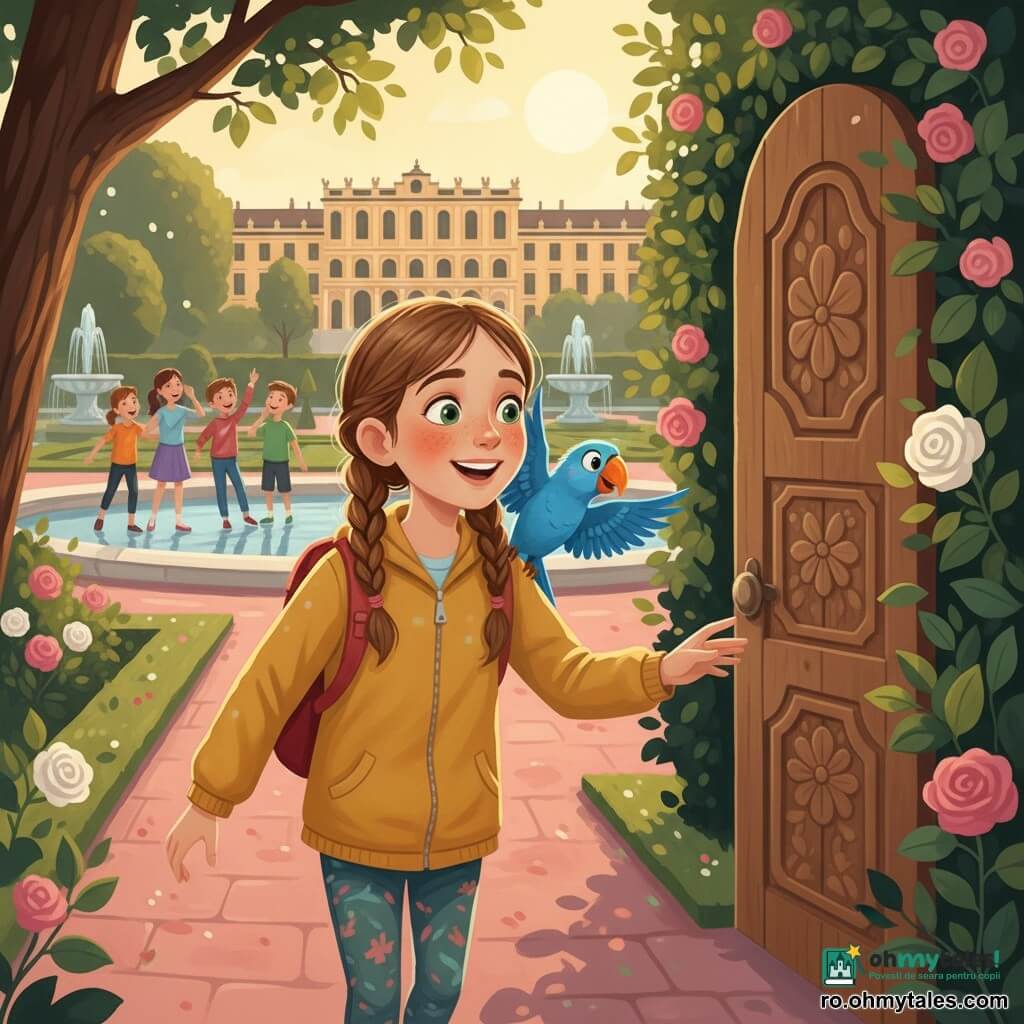 O fată de 10 ani cu părul șaten des prins în două cozi, ochi verzi, pistrui, zâmbitoare, purtând o jachetă galben muștar și un rucsac roșu, întinde mâna spre o mică ușă din lemn cu un motiv floral, ascunsă printre tufișuri în grădinile palatului Schönbrunn; pe umărul ei drept stă Max, un papagal albastru electric cu cioc portocaliu, aripile ușor desfăcute ca și când ar ghida; în fundal se disting câțiva copii de circa 8–12 ani care șoptesc și arată spre ușă, alei pavate roz, tufe tăiate geometric, trandafiri roz și albi, fântâni din piatră și o lumină aurie de seară care creează o atmosferă de mirare și mister blând.