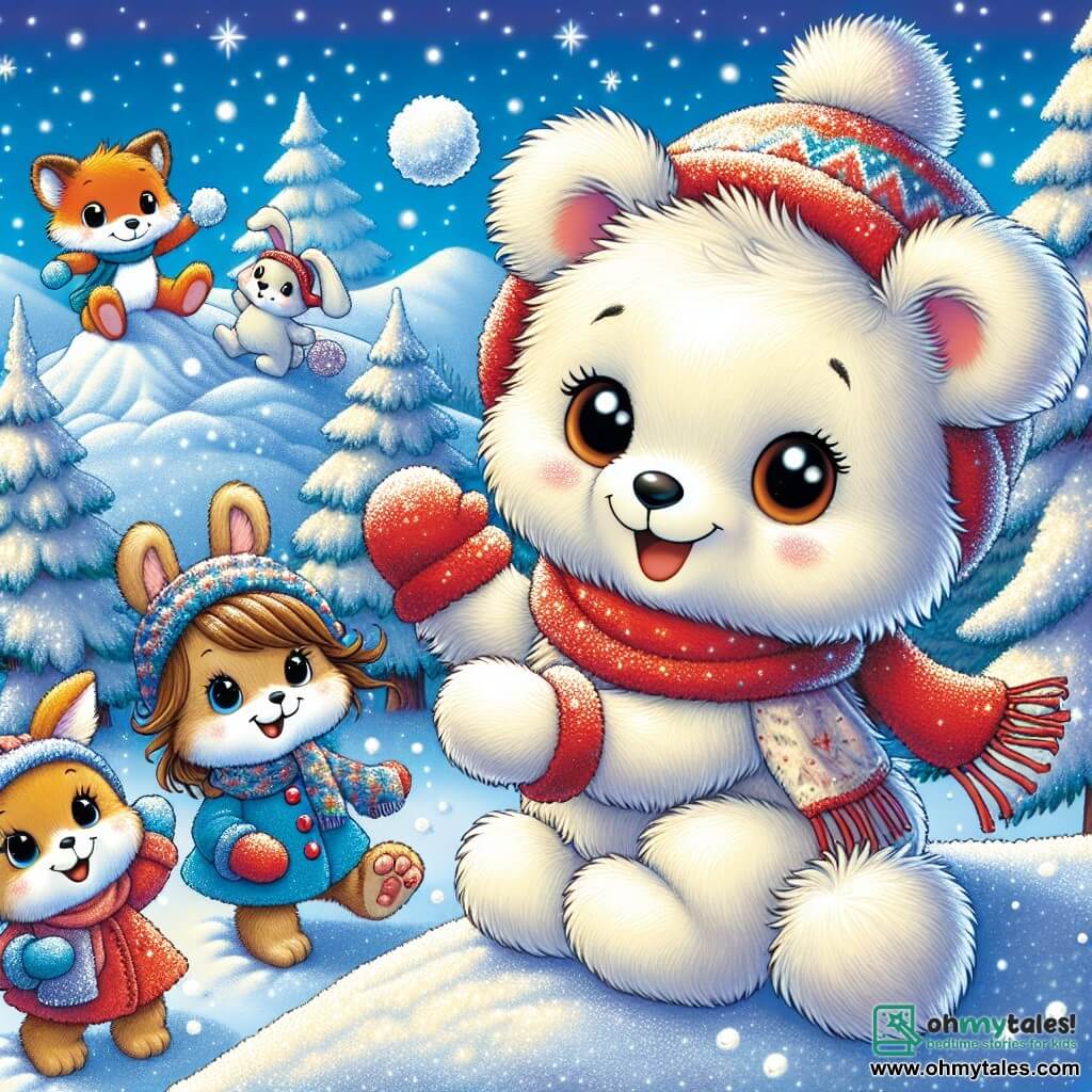 A small teddy bear named Benny, with fluffy white fur and sparkling star-like eyes, is at the top of a snowy hill. He wears a bright red scarf and mittens, displaying a big smile of joy and excitement. Next to him is a little bunny named Lily, with light brown fur and long, soft ears, jumping for joy with sparkling eyes. She wears a blue coat and matching hat, holding a snowball in her paws. A little further away, a mischievous fox named Max, with bright orange fur and a bushy tail, is about to throw a snowball, a cheeky smile on his face. The landscape is an enchanting winter scene, with trees covered in sparkling snow, a clear blue sky, and snowflakes gently falling around them. The scene shows Benny and his friends in a snowball fight, laughing and having fun, capturing the joyful spirit of winter and friendship.