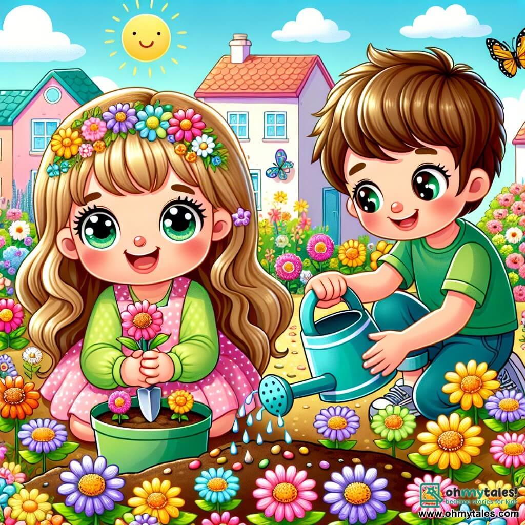 A 6-year-old girl named Lily, with long blonde hair and sparkling joyful eyes, is sitting in a colorful garden surrounded by bright flowers of all colors. She is smiling widely, holding a small plastic shovel, ready to plant seeds. Next to her is her friend Max, a 6-year-old boy with messy brown hair and a green t-shirt, watering the flowers with a blue watering can. He has a focused and happy look, showing his enthusiasm for gardening. The garden is located in a sunny village with pastel-colored houses and a light blue sky dotted with a few white clouds. Butterflies are flying around the flowers, adding to the magic of the place. The main scene shows Lily and Max planting seeds in the soil, surrounded by their friends, all smiling and engaged in a joyful activity to help the planet, symbolizing hope and unity in the face of climate change.