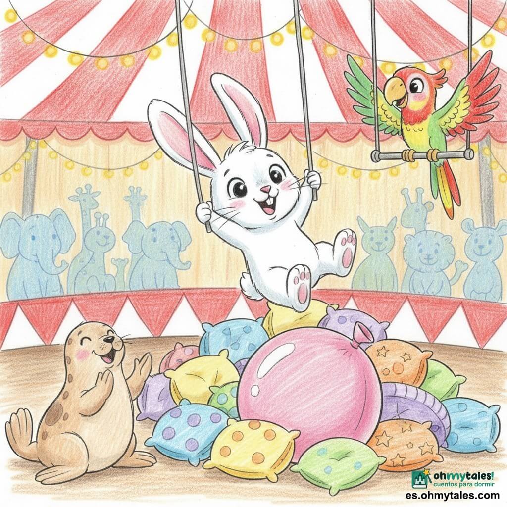 Un pequeño conejo blanco (protagonista) de grandes orejas rosadas, dientes visibles y ojos redondos brillantes, alegre y maravillado, sostiene un trapecio con las patas delanteras y se balancea sobre una pila de almohadas coloridas; a la derecha, un loro multicolor (secundario) posado en una barra de trapecio, plumaje verde, rojo y amarillo, sonrisa traviesa, lo anima batiendo las alas; abajo a la izquierda, una leona marina redonda y sonriente (secundario) con aletas en alto aplaude; al fondo la carpa del circo a rayas rojas y blancas con guirnaldas luminosas y gradas con siluetas difuminadas; escena cómica y cálida: el conejo intenta volar y cae suavemente sobre las almohadas aterrizando en un gran balón rosa, estilo de trazos simples, contornos suaves y colores pastel vivos.