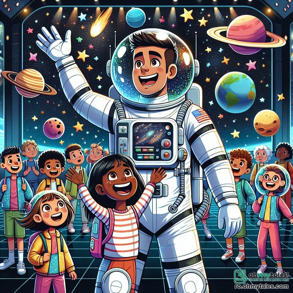 Un astronaut, un bărbat de aproximativ 30 de ani, se află în centrul imaginii, îmbrăcat într-un costum spațial alb strălucitor, cu un casca transparentă care reflectă stelele. Fața lui exprimă bucurie și uimire în timp ce plutește în spațiu, cu brațele deschise, înconjurat de planete colorate și comete strălucitoare. Lângă el, o fetiță de 8 ani, Maria, cu părul lung și brunet și ochi strălucitori de curiozitate, privește cu fascinație stelele. Ea poartă o combinație spațială miniaturală și pare pregătită să zboare, cu brațele ridicate ca și cum ar dori să se arunce în infinit. În fundal, un grup de copii cu vârste între 7 și 10 ani, toți zâmbitori și excitați, plutesc într-o stație spațială. Ei poartă căști și combinații colorate, fiecare ținând o jucărie mică în formă de navă spațială, împărtășind râsete și strigăte. Locația scenei este o stație spațială futuristă, cu feronerie mari care oferă o vedere impresionantă asupra Pământului albastru și a stelelor strălucitoare. Panouri de control luminoase și ecrane afișează date despre spațiu, adăugând o notă tehnologică mediului. Situația principală arată astronautul Andrei explicând copiilor uimiți minunile spațiului, în timp ce plutesc împreună în imponderabilitate, creând un moment magic de descoperire și prietenie.